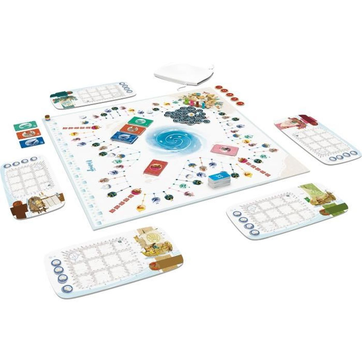 Ein Brettspiel mit einem zentralen Wirbeldesign, umgeben von Karten, Spielsteinen und Spielertafeln, alles auf einer weißen Oberfläche.