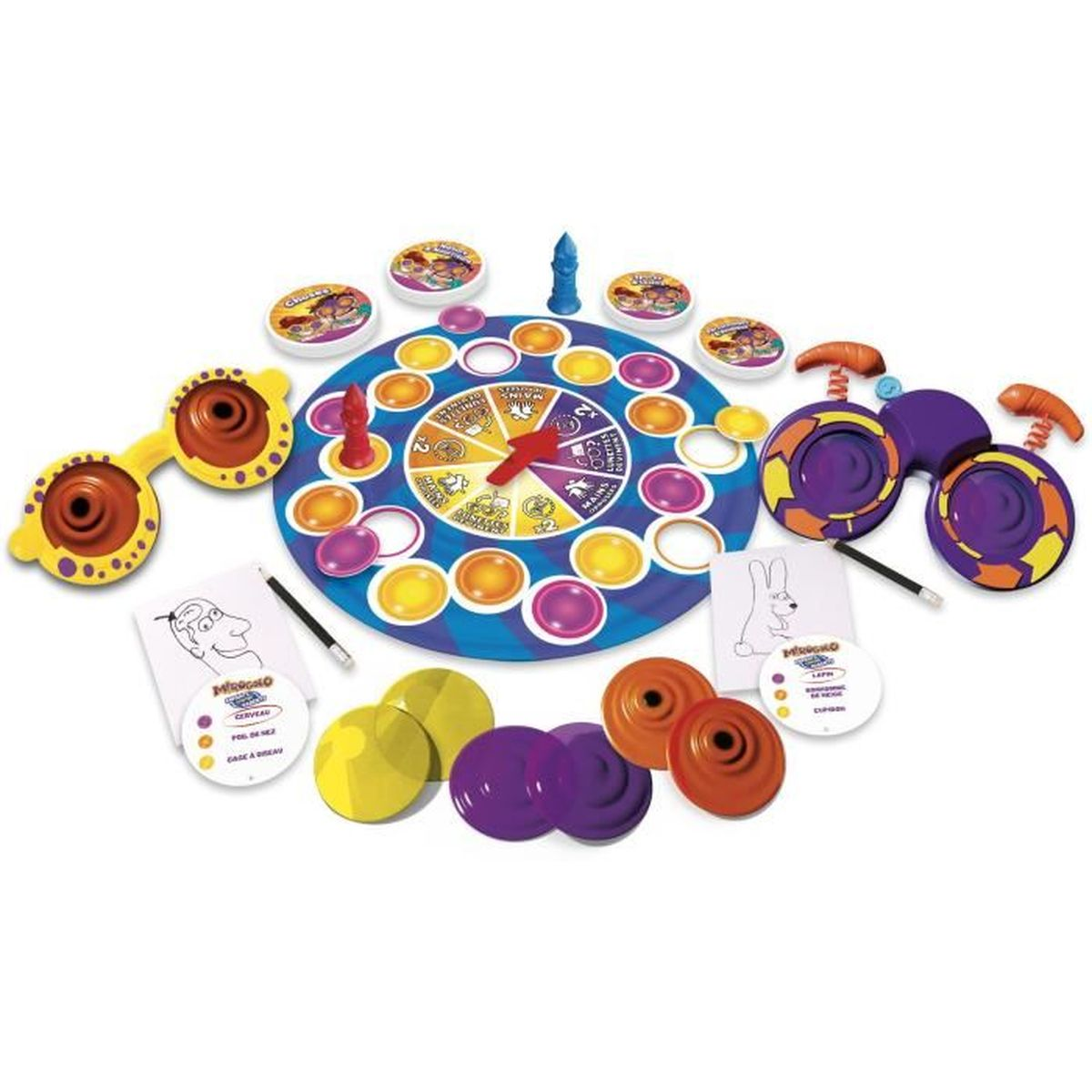 Een bordspel met brillen, schijven en een spinner. Kleuren zijn geel, paars, oranje en blauw.