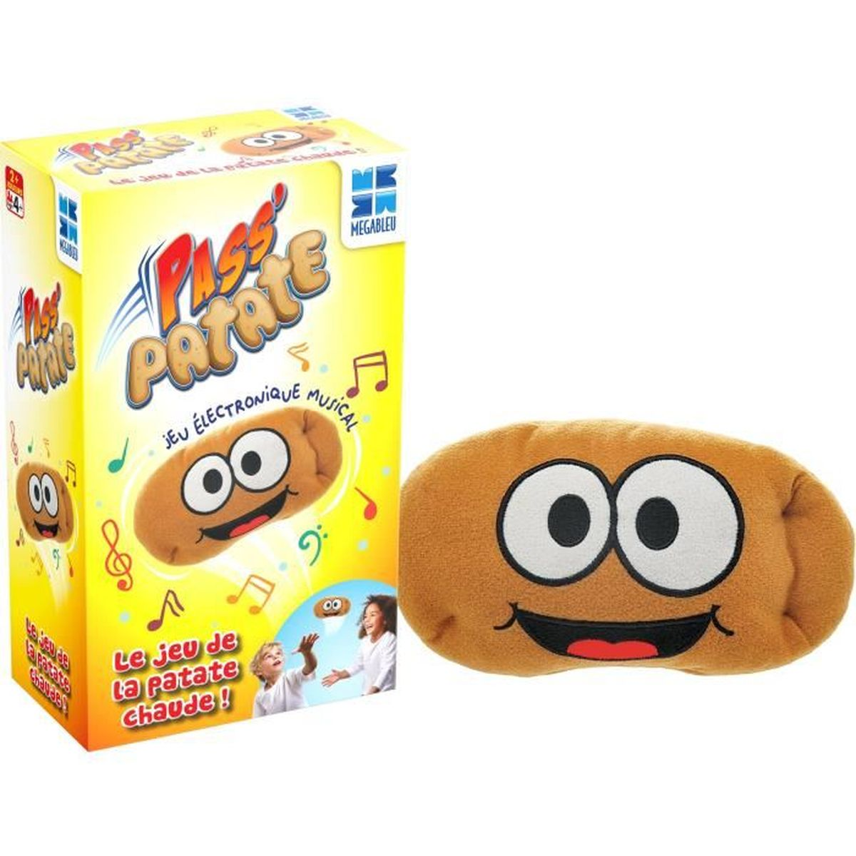 Ein Spielzeugkartoffel mit Gesicht und eine Schachtel des gleichen Spielzeugs. Die Schachtel trägt den Namen des Spielzeugs und spielende Kinder.