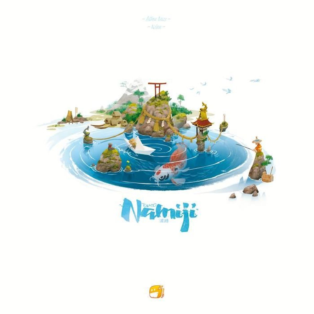 Illustration eines Koi-Fisches, der in einem blauen Teich schwimmt. Inseln mit Tempeln und einem Papierboot. Das Wort 'Namiji' ist blau geschrieben.