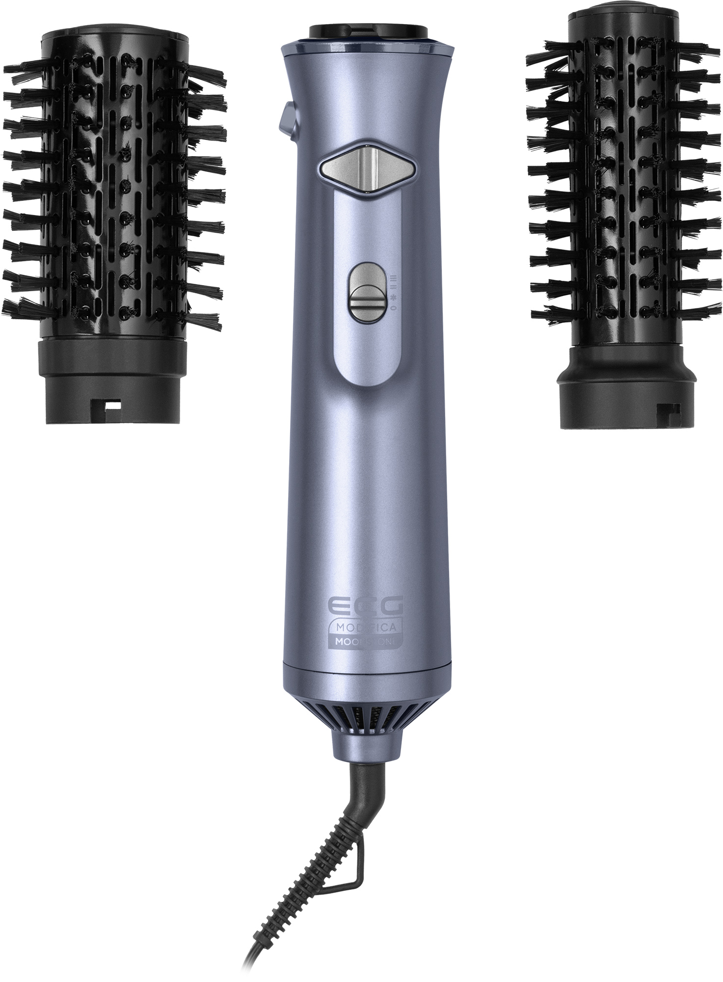 Ein Haarstyling-Tool mit blauem Griff und schwarzen Bürstenaufsätzen auf beiden Seiten. Das Werkzeug hat Knöpfe und ein Netzkabel.