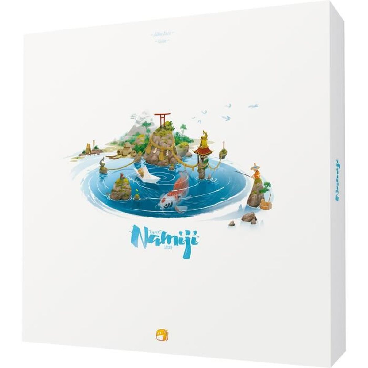 Weiße Box mit einer Illustration einer Insel-Szene. Ein Koi-Fisch schwimmt in einem blauen Teich, und eine Person angelt.