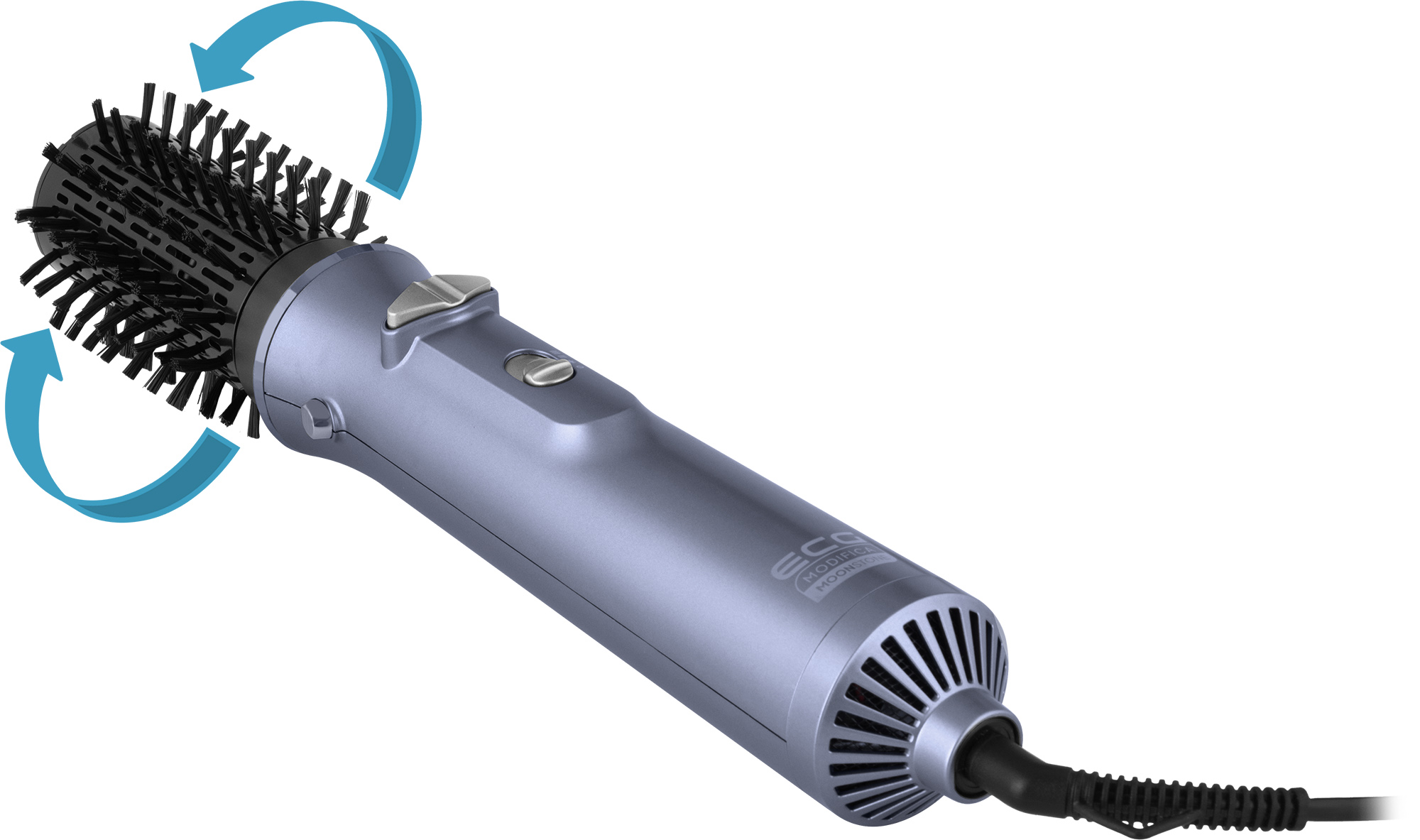 Ein Haarstyler mit rotierender Bürste, blauen Akzenten und einem silbernen Körper, mit Pfeilen, die die Drehung anzeigen. Ein Kabel erstreckt sich vom Sockel.