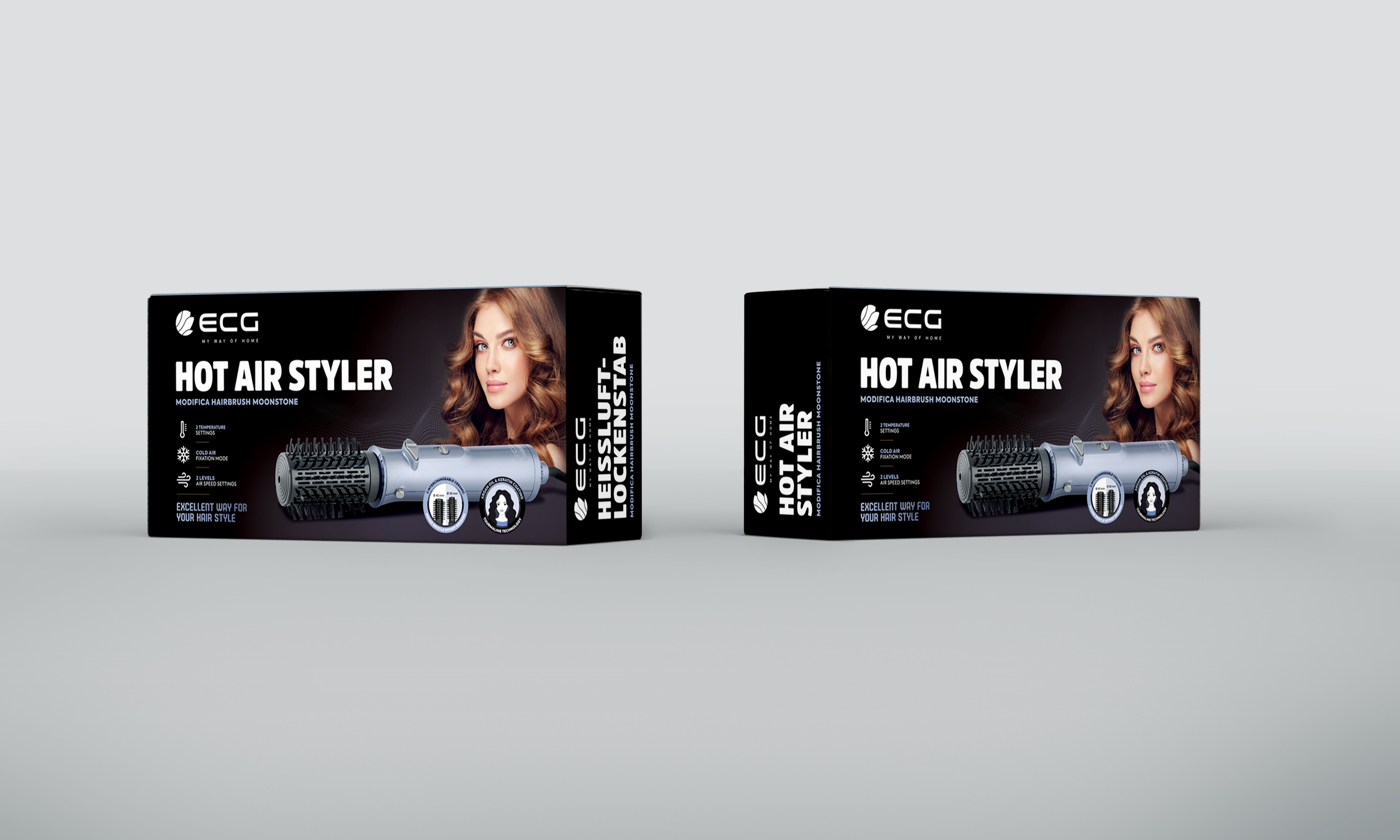 Zwei Kartons des ECG Hot Air Styler. Jeder Karton zeigt eine Frau mit gestyltem Haar, Produktdetails und den Styler.