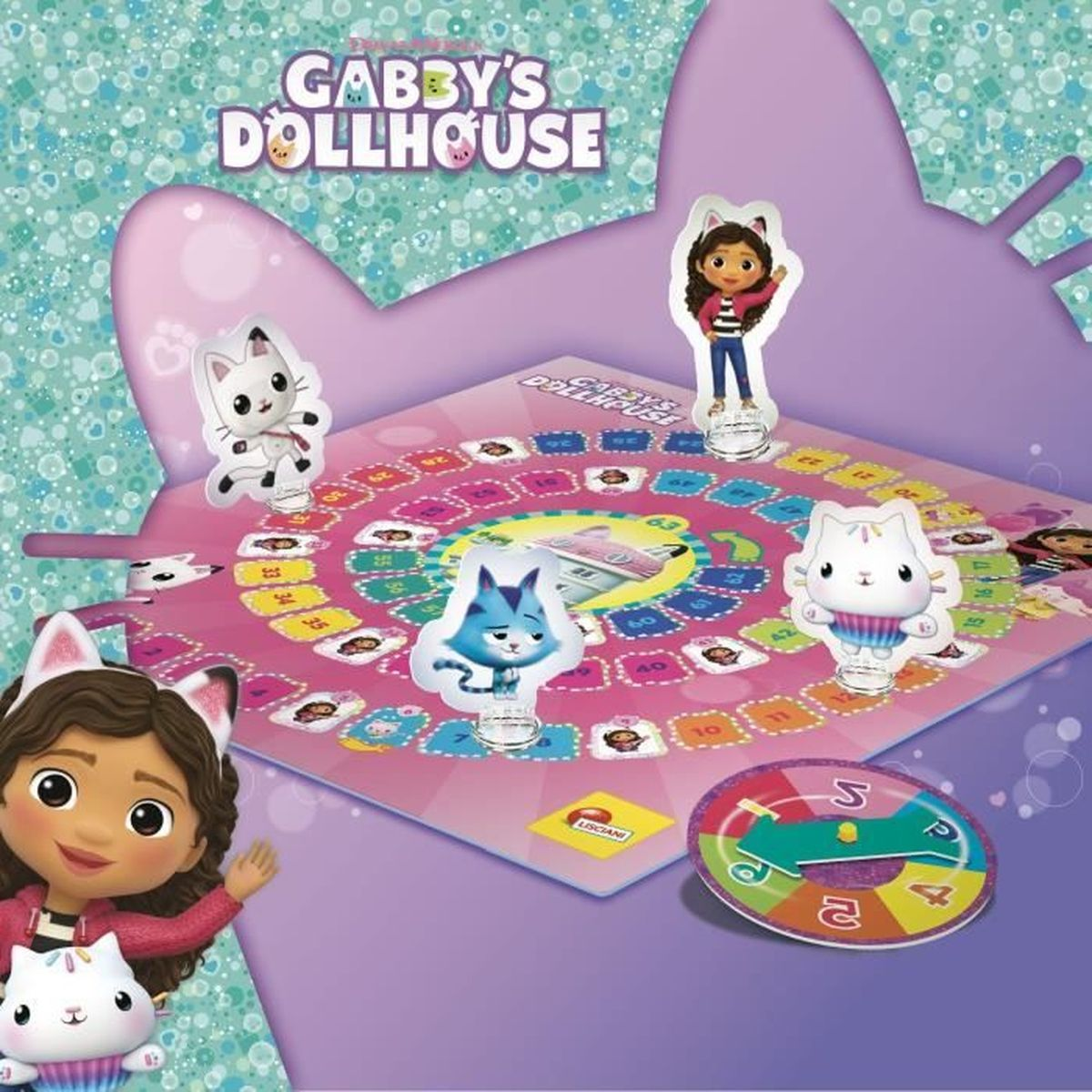 Gabby's Puppenhaus Brettspiel. Enthält Spielfiguren, einen Spinner und ein farbenfrohes Spielbrett.
