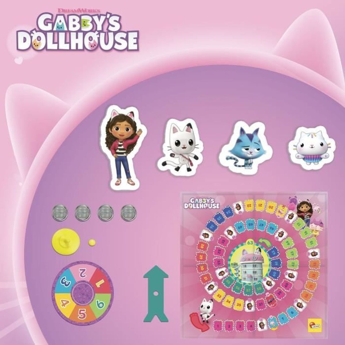Gabby's Puppenhaus-Spielbrett mit Charakteraufklebern, Spinner und Spielsteinen. Das Brett zeigt einen nummerierten Pfad.