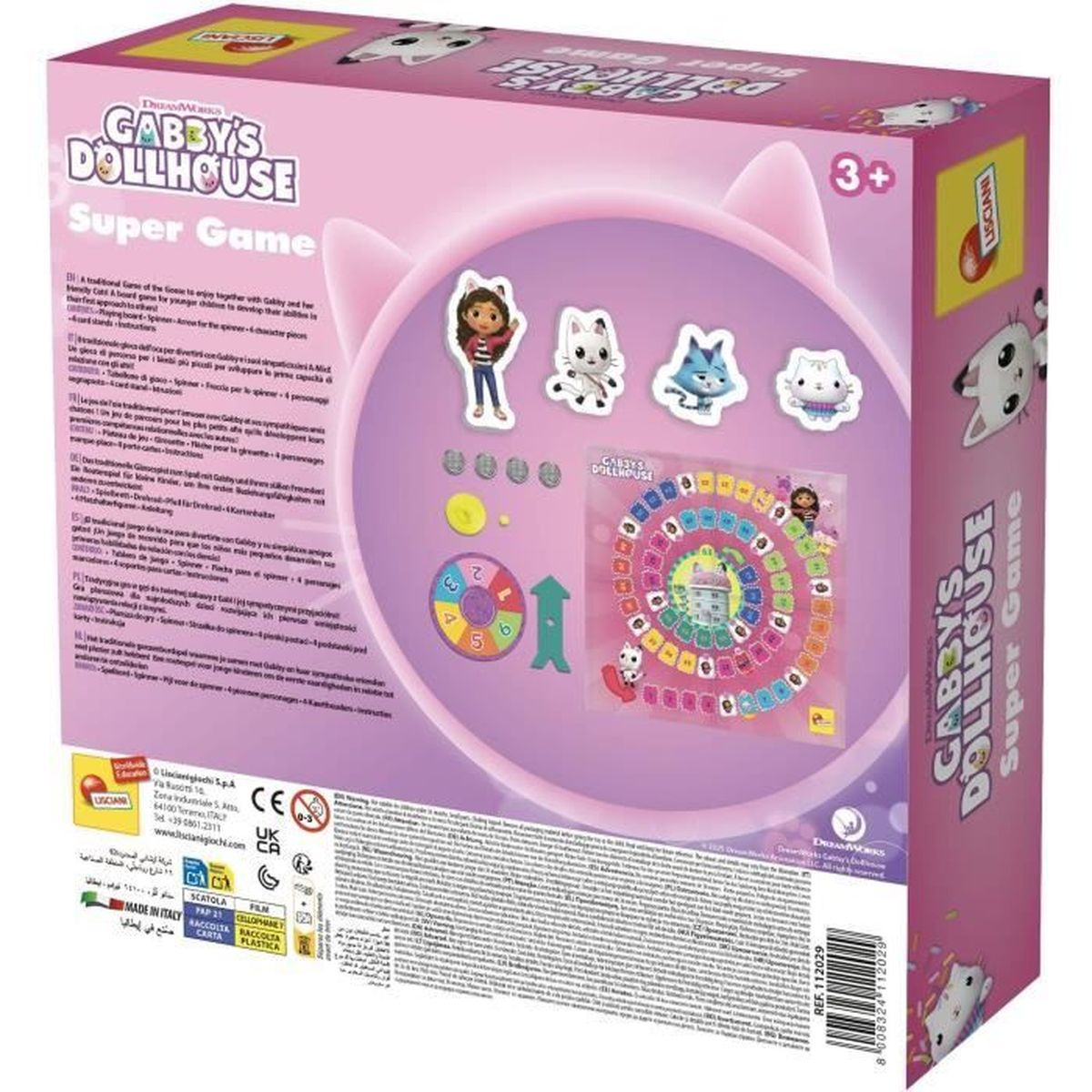 Eine Gabby's Dollhouse Super Game Box. Sie zeigt Spielsteine, Charaktere und ein Spielbrett mit rosa und lila Farbschema.