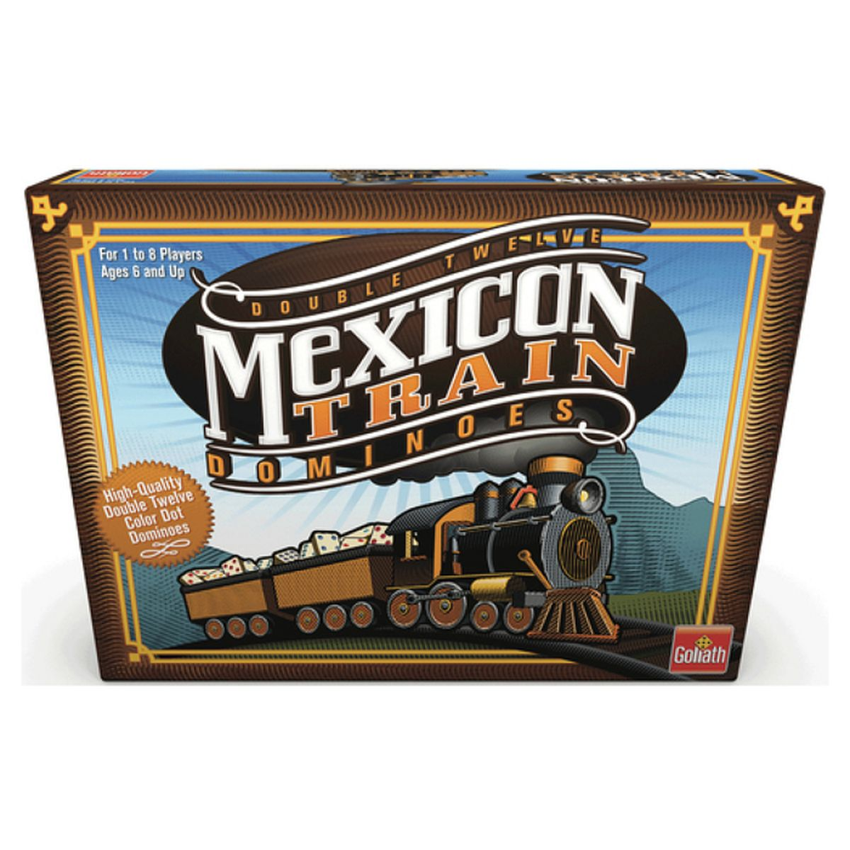 Schachtel des Spiels Mexican Train Dominoes. Sie zeigt einen Zug mit Dominosteinen, den Namen des Spiels und Branding. Der Hintergrund ist ein blauer Himmel.
