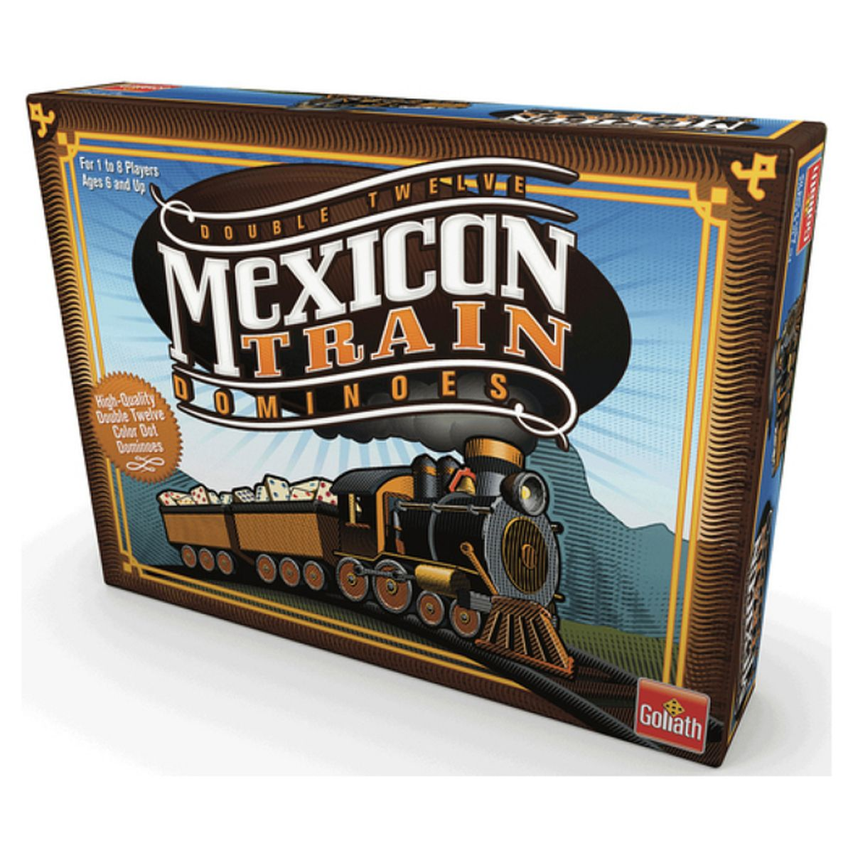 Schachtel des Spiels Mexican Train Dominoes. Es zeigt eine Lokomotive mit einem Waggon voller Dominosteine. Das Spiel ist für 1-8 Spieler.