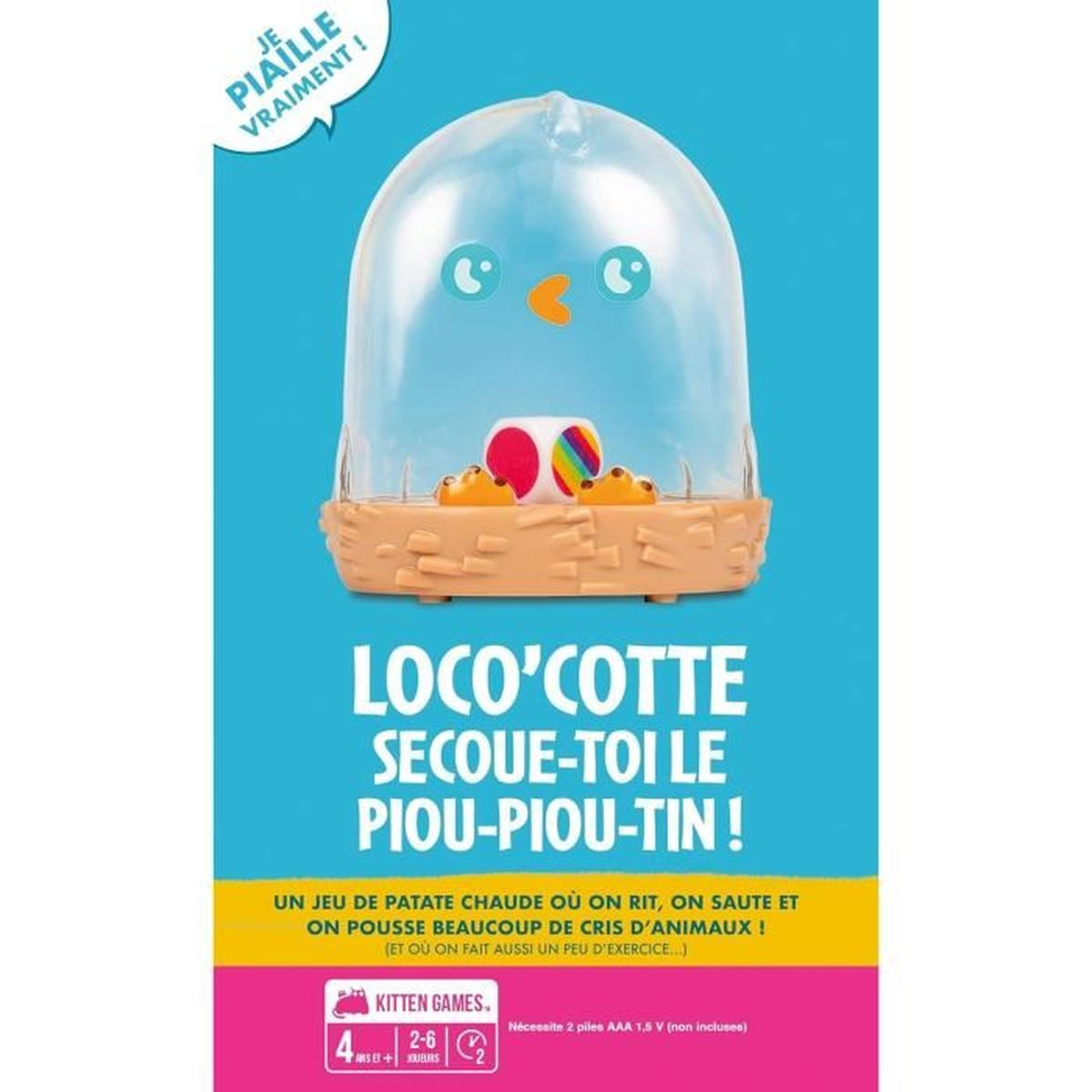 Eine Spielzeugbox mit Küken-Design, einer durchsichtigen Kuppel und französischem Text, die das Spiel 'Loco'Cotte' bewirbt.