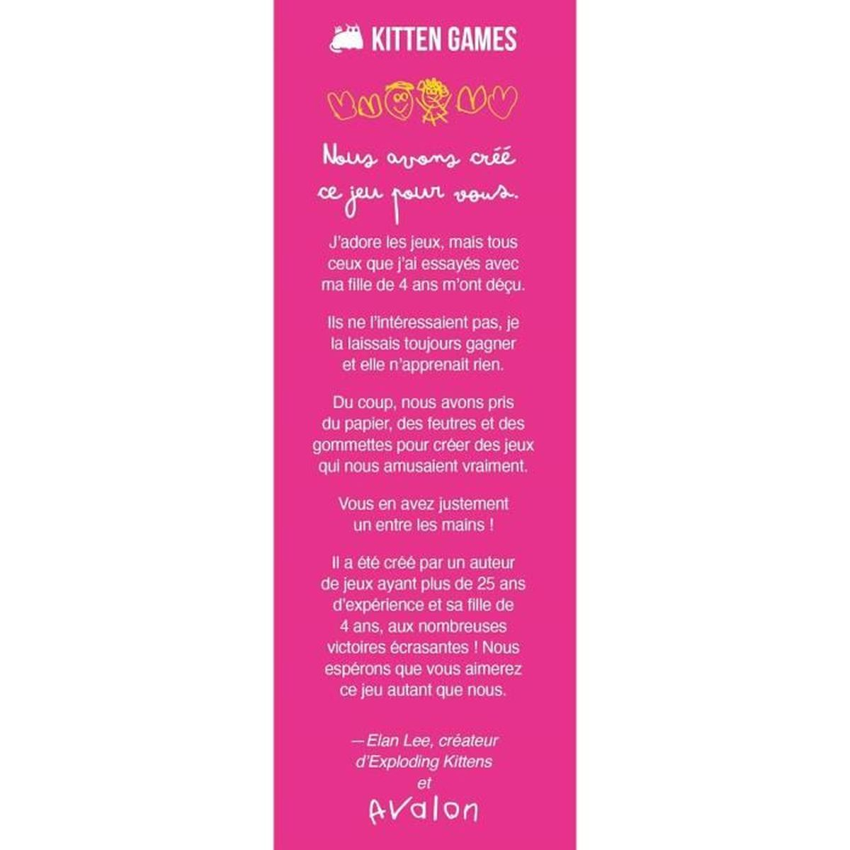 Eine rosa Karte mit französischem Text. Sie wirbt für ein Spiel und erwähnt die Schöpfer und die Beteiligung eines 4-Jährigen.
