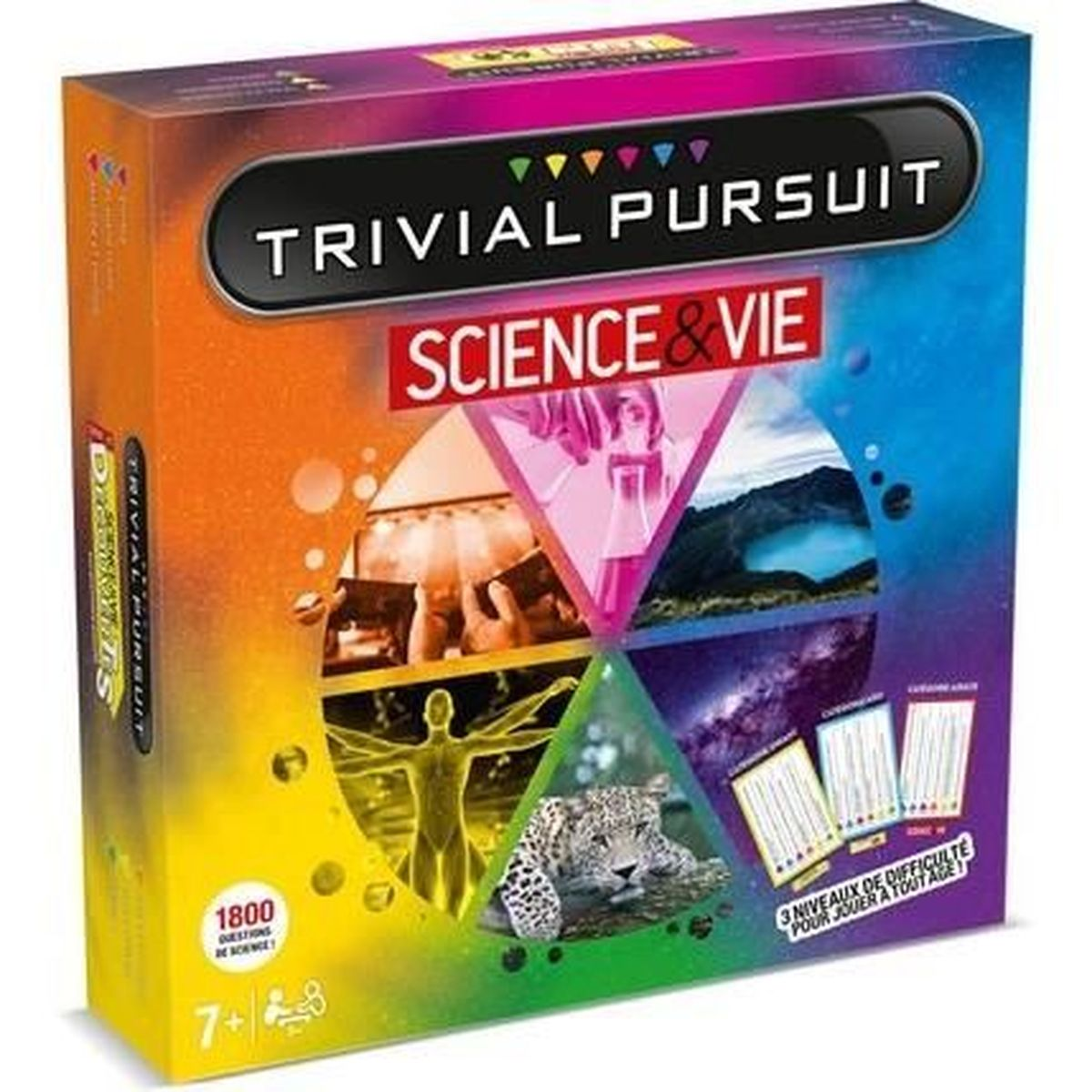 Scatola del gioco Trivial Pursuit Science & Vie con grafica colorata, immagini di scienza e vita e testo in francese.