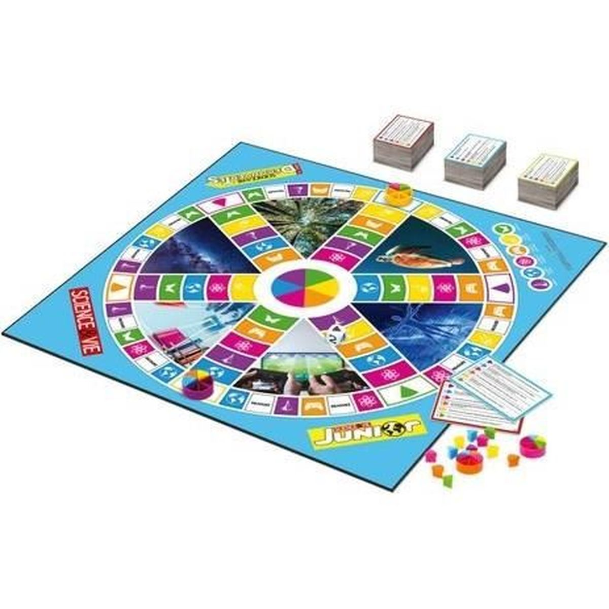 Un gioco da tavolo con una ruota colorata e carte. Ci sono anche pedine e dadi. Il gioco si chiama Science & Vie Junior.