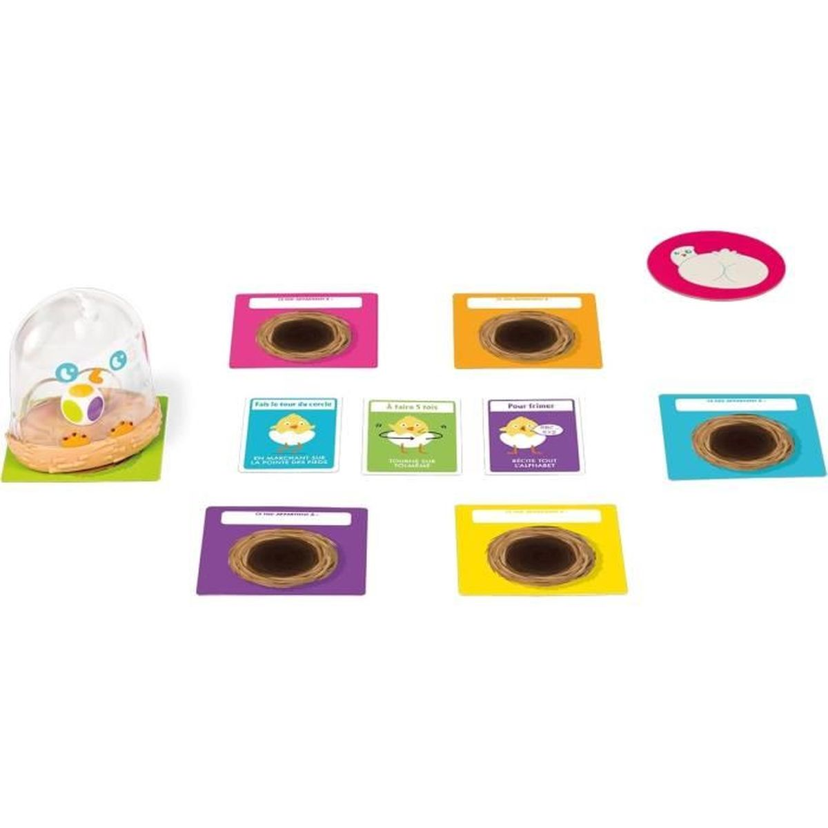 Ein Spiel mit Karten, die Nester zeigen, und einer Plastikkuppel mit einem kleinen Vogel. Die Karten haben verschiedene Farben.