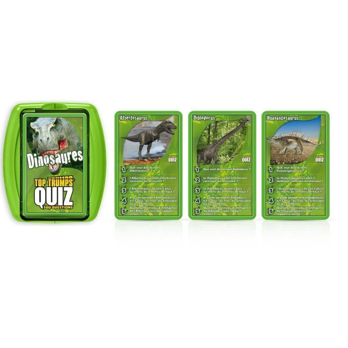 Una scatola verde per giochi di carte e tre carte di dinosauri sono su una superficie bianca. Le carte mostrano immagini e informazioni sui dinosauri.