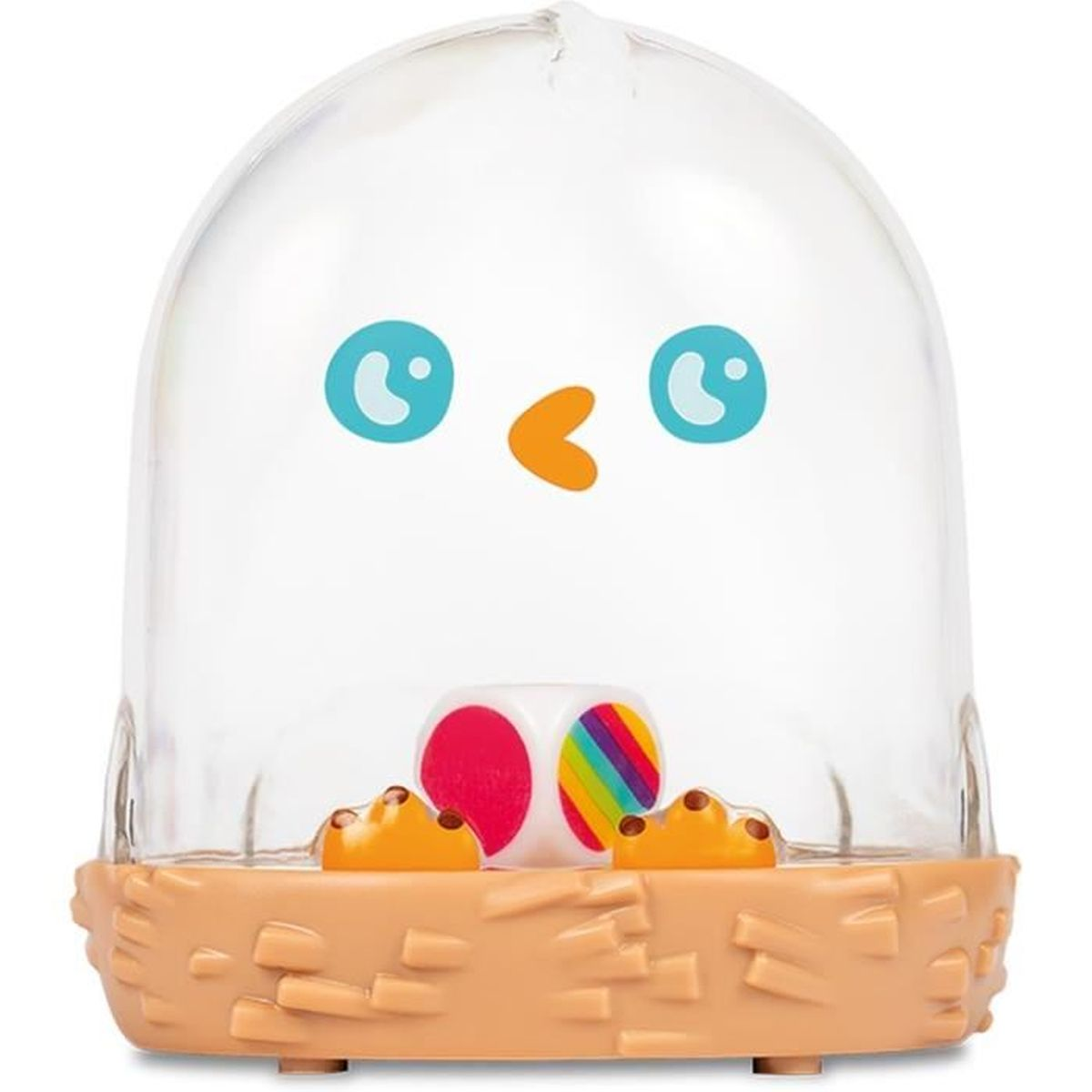 Eine transparente Kuppel mit einem Cartoon-Gesicht. Im Inneren befinden sich bunte Formen auf einem braunen Sockel. Der Sockel hat ein strukturiertes Design.