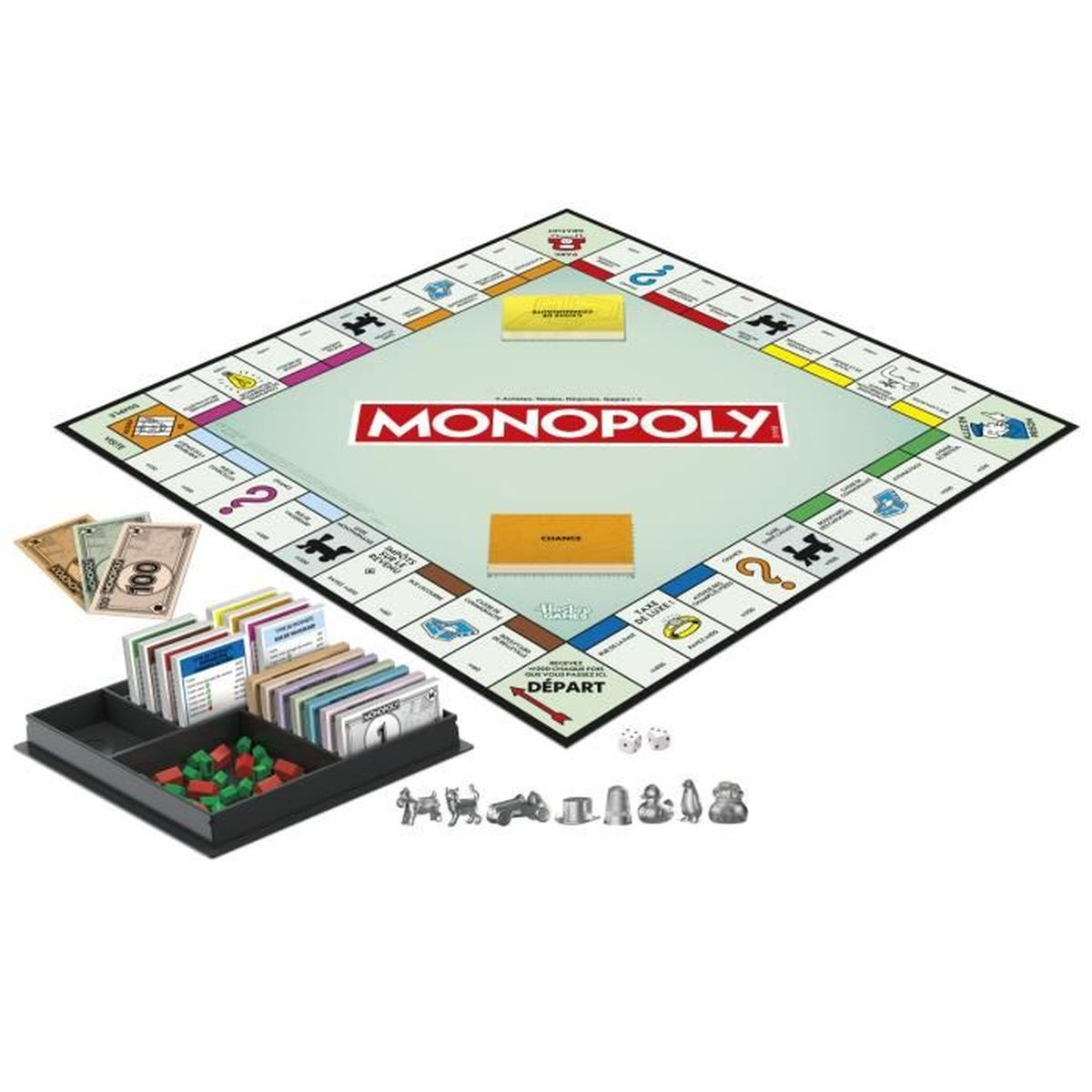 Ein Monopoly-Brettspiel mit Geld, Würfeln, Spielfiguren, Karten und einer Box. Das Brett ist mit dem Wort 'MONOPOLY' versehen.