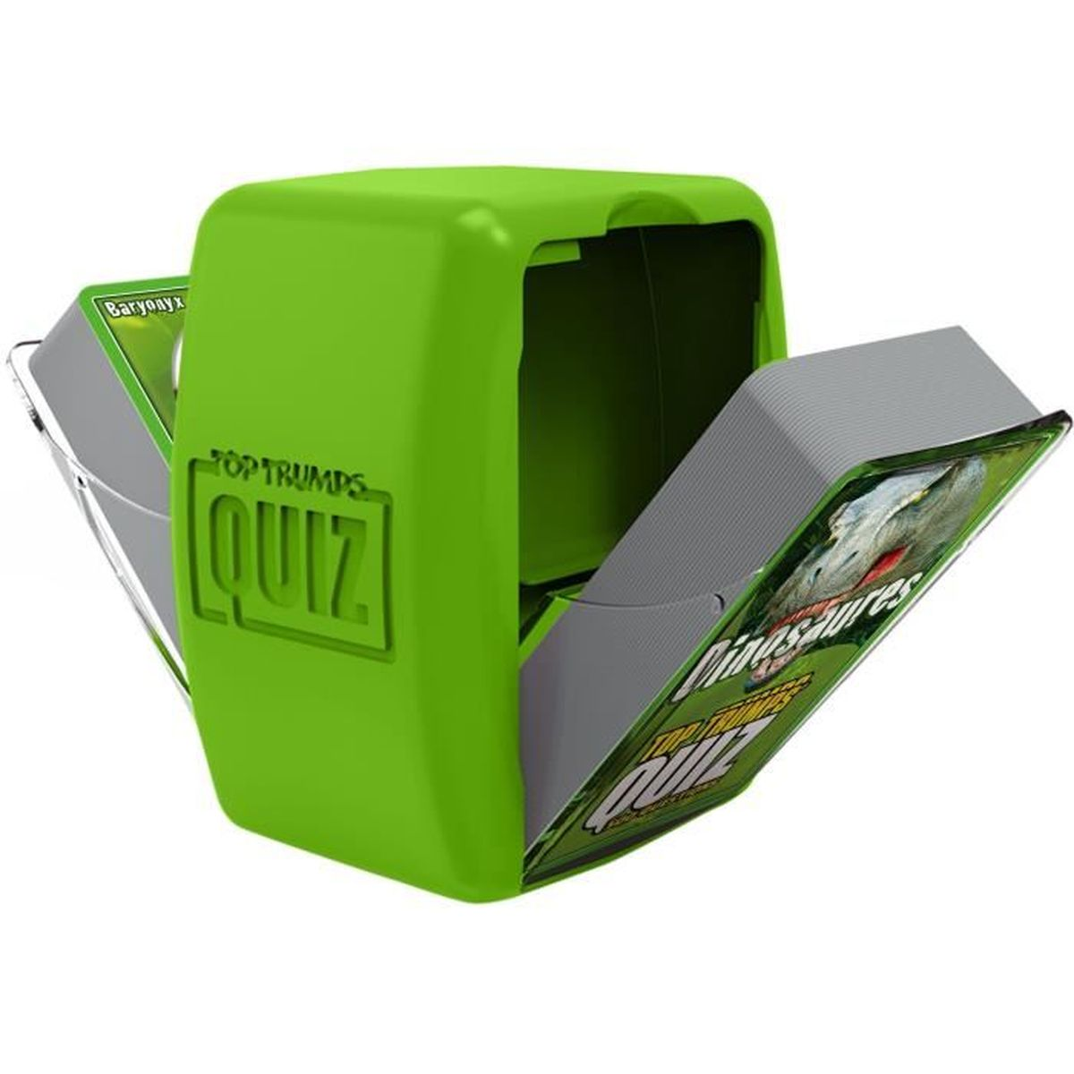 Una scatola verde di Top Trumps Quiz è aperta. All'interno, carte con bordi grigi mostrano immagini di dinosauri. La scatola è su una superficie bianca.