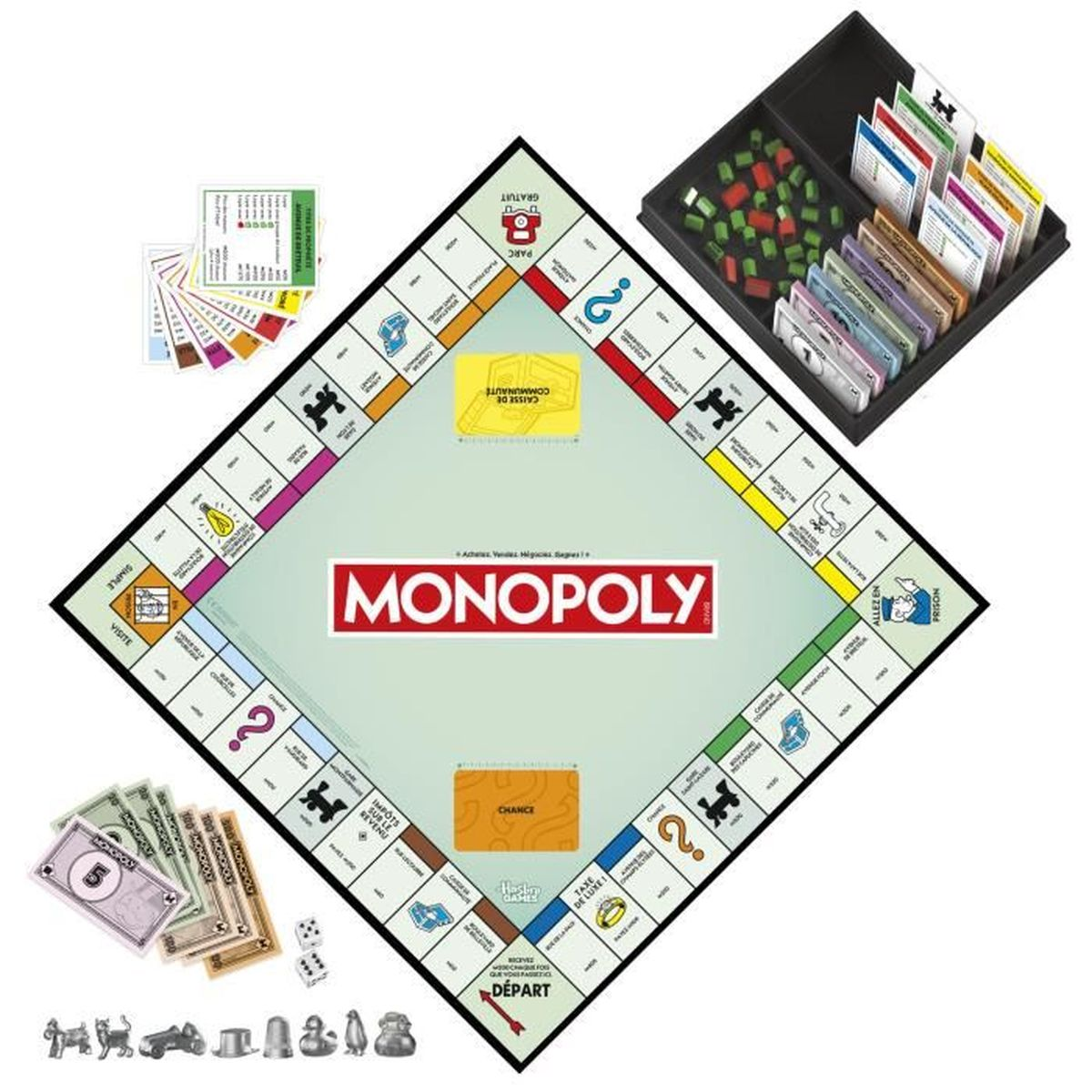 Monopoly-Brettspiel mit Karten, Geld, Würfeln und Spielfiguren. Ein schwarzes Fach oben rechts hält Spielkomponenten. Das Spielbrett ist in der Mitte.
