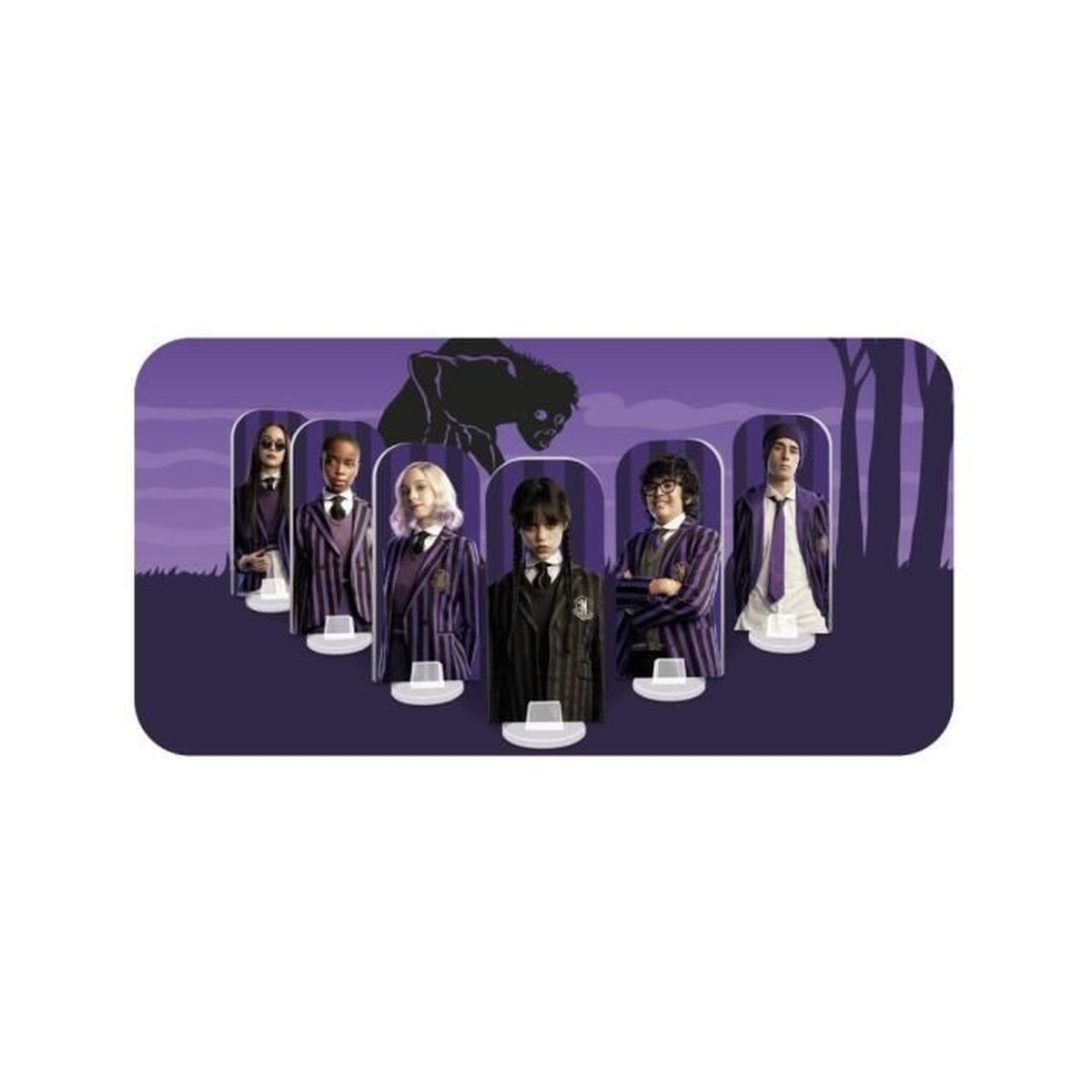 Eine Gruppe von Charakteren aus Wednesday in ihren Schuluniformen, mit einer schwarzen Silhouette eines Monsters im Hintergrund.