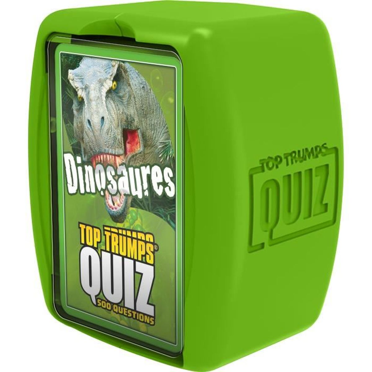 Una scatola verde Top Trumps Quiz. La parte anteriore mostra una carta di dinosauro. La scatola dice 'Quiz' e '500 domande'.