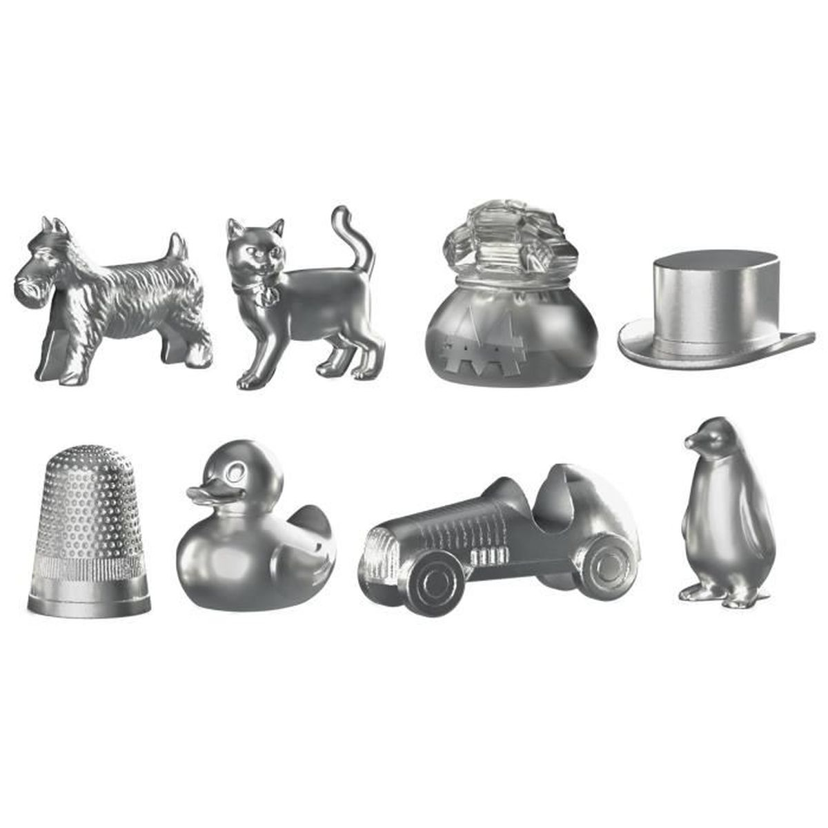 Monopoly-Spielfiguren: Hund, Katze, Geldsack, Zylinder, Fingerhut, Ente, Rennwagen, Pinguin. Alles silberfarben.