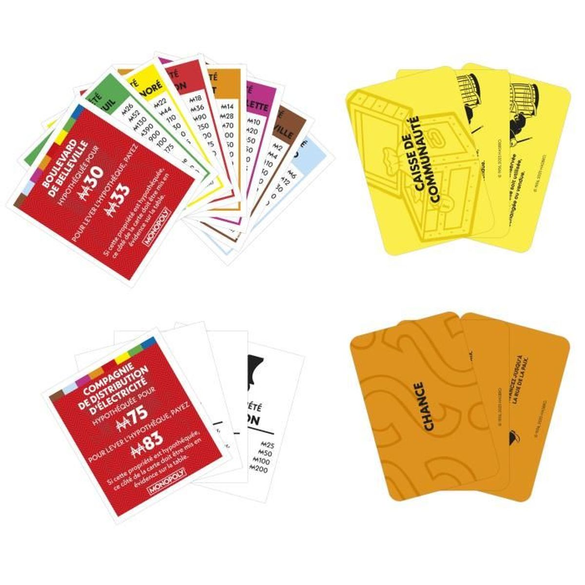 Monopoly-Spielkarten. Immobilienkarten, Chance- und Gemeinschaftskarten sind sichtbar, mit verschiedenen Farben und Text.