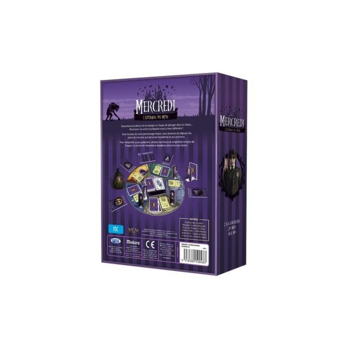 Eine lila Spielbox. Der Titel ist 'MERCREDI' mit Bildern von Charakteren und Spielelementen.