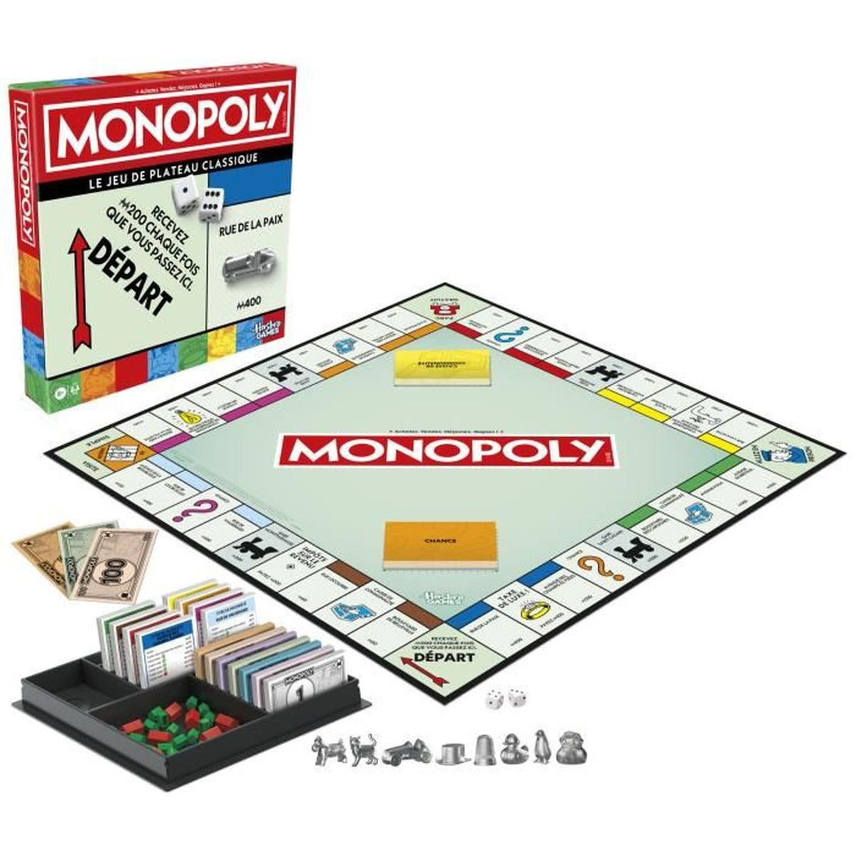 Monopoly-Brettspiel-Set mit Brett, Schachtel, Karten, Würfeln, Spielgeld und Spielfiguren. Das Brett befindet sich in der Mitte.
