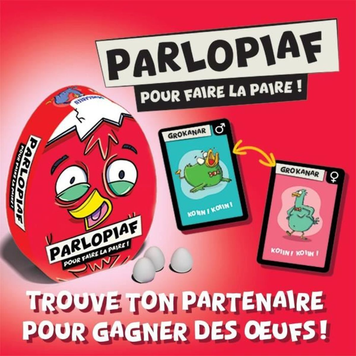 Ein Spielkarton mit einem eiförmigen Vogelface. Zwei Karten zeigen Grokanar-Charaktere. Der Text lautet: „Finde deinen Partner, um Eier zu gewinnen!"