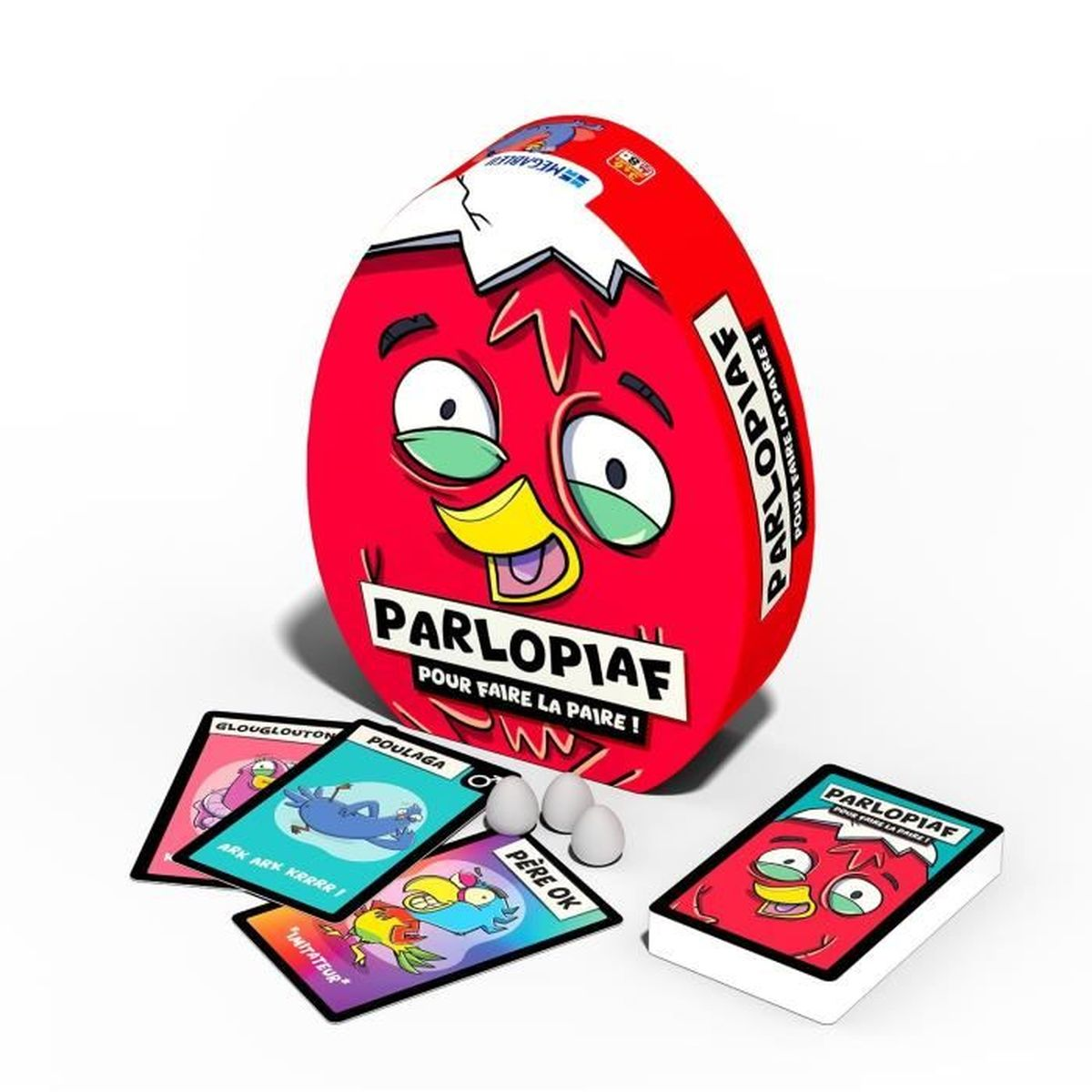 Eine rote, eiförmige Parloplaf-Spielbox mit Karten, Eiern und einem Kartendeck. Die Box hat ein Cartoon-Vogels Gesicht. Karten haben auch Cartoon-Vögel.