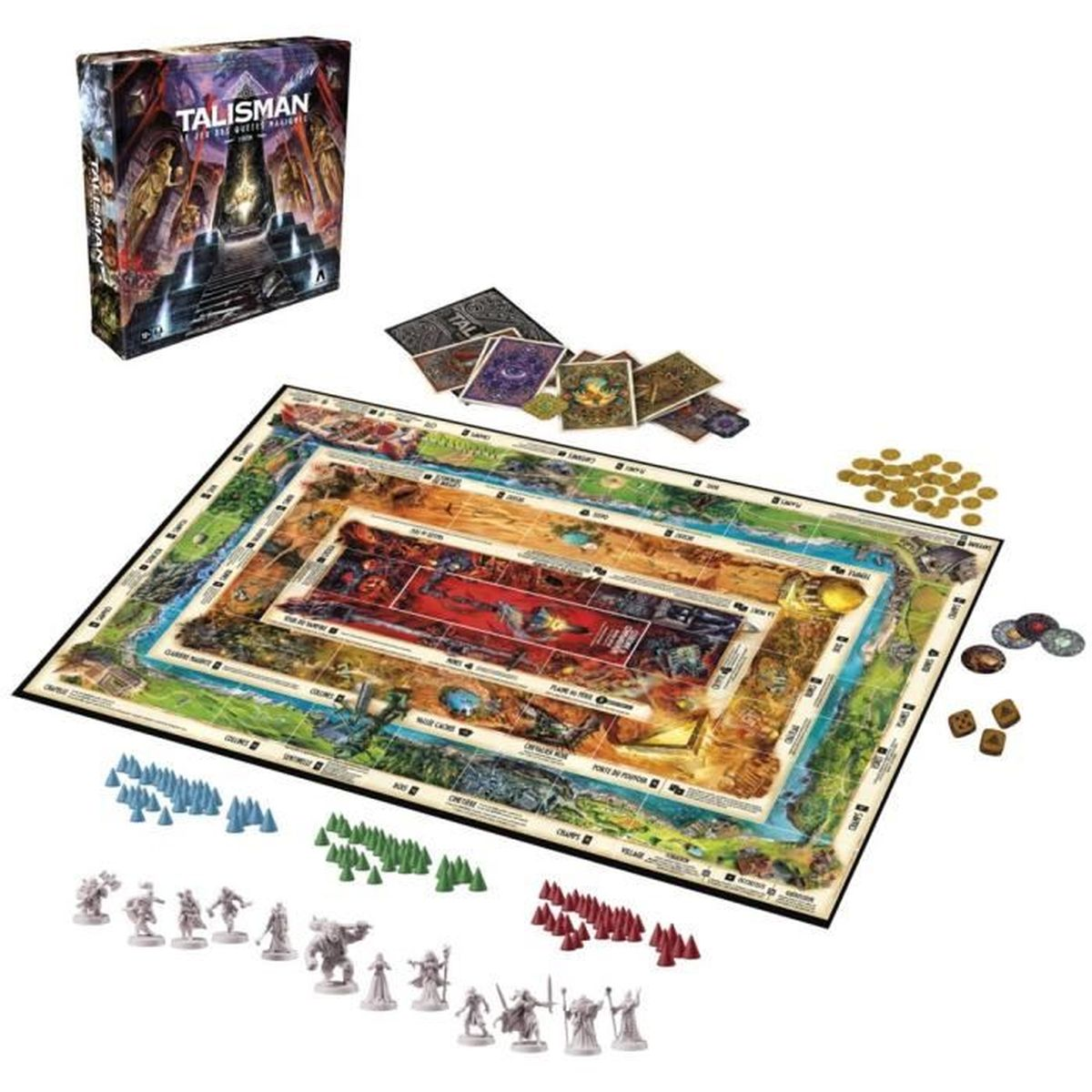 Un jeu de société intitulé Talisman. Il comprend des pièces de jeu, un plateau, des cartes, des dés et des figurines. La boîte est visible en haut à gauche.