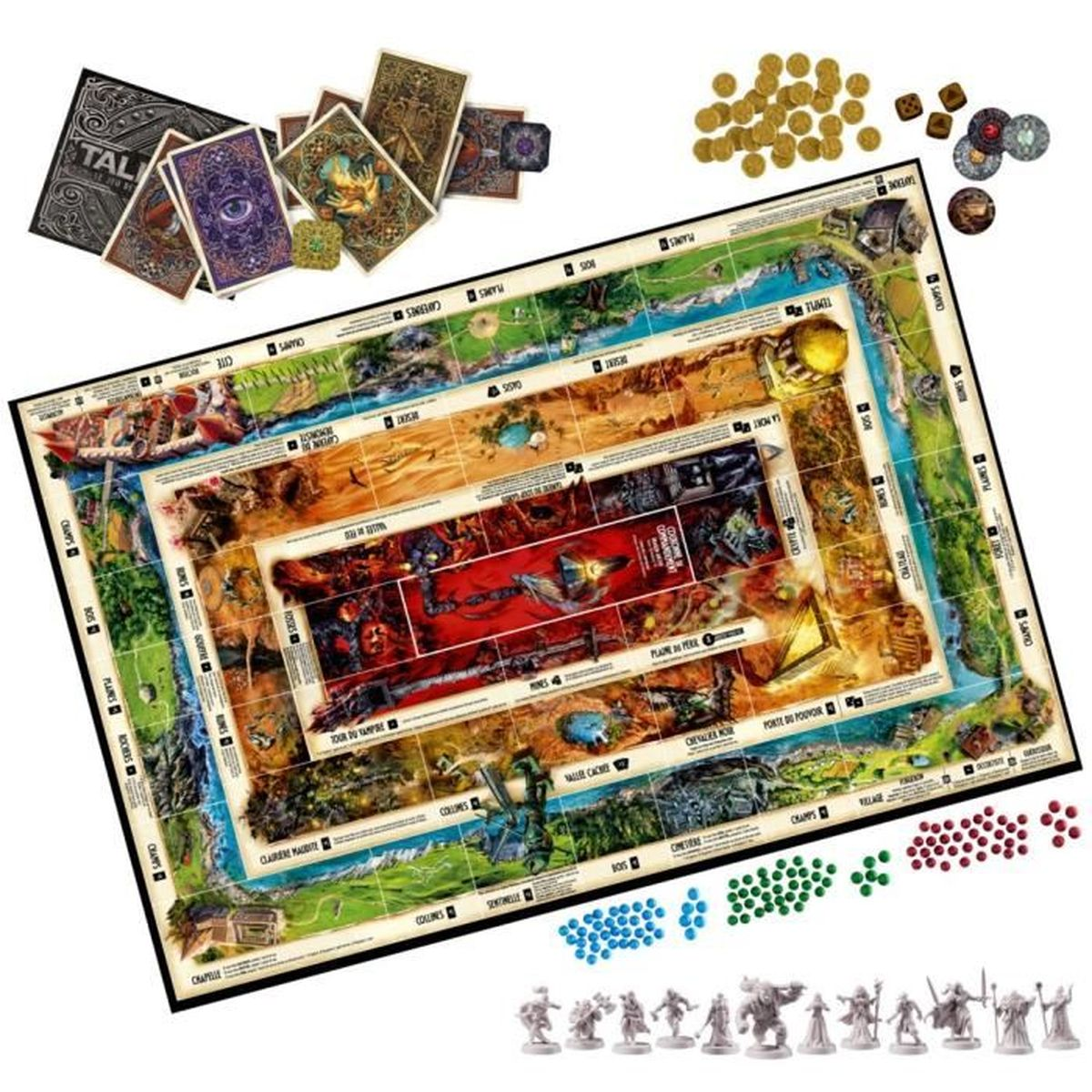 Jeu de société avec cartes, dés, pièces d'or et figurines. Le plateau présente différents terrains et lieux, prêt à jouer.