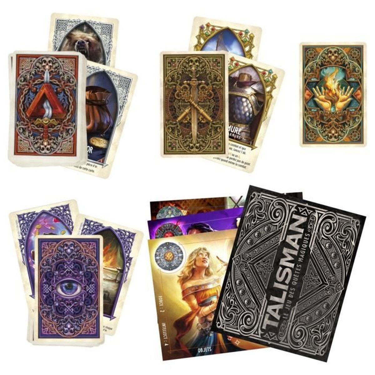 Diverses cartes de jeu avec des illustrations fantastiques sont disposées sur un fond clair. Les cartes représentent des symboles, des personnages et du texte.