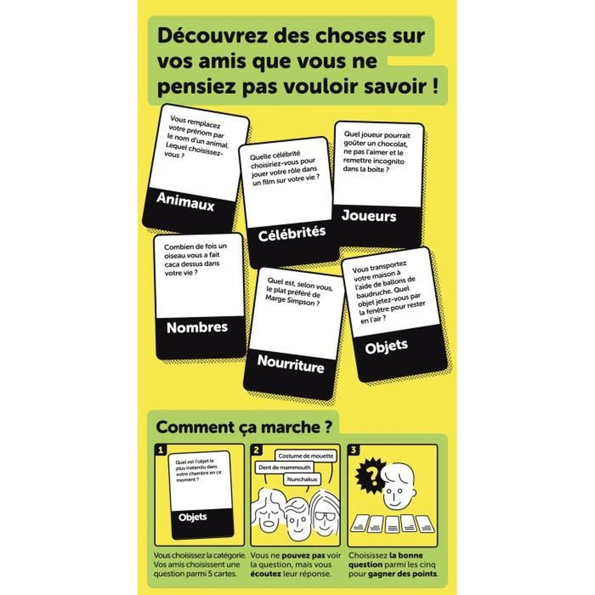 Tablero de juego con preguntas en francés. Las categorías incluyen animales, celebridades, números, comida y objetos.