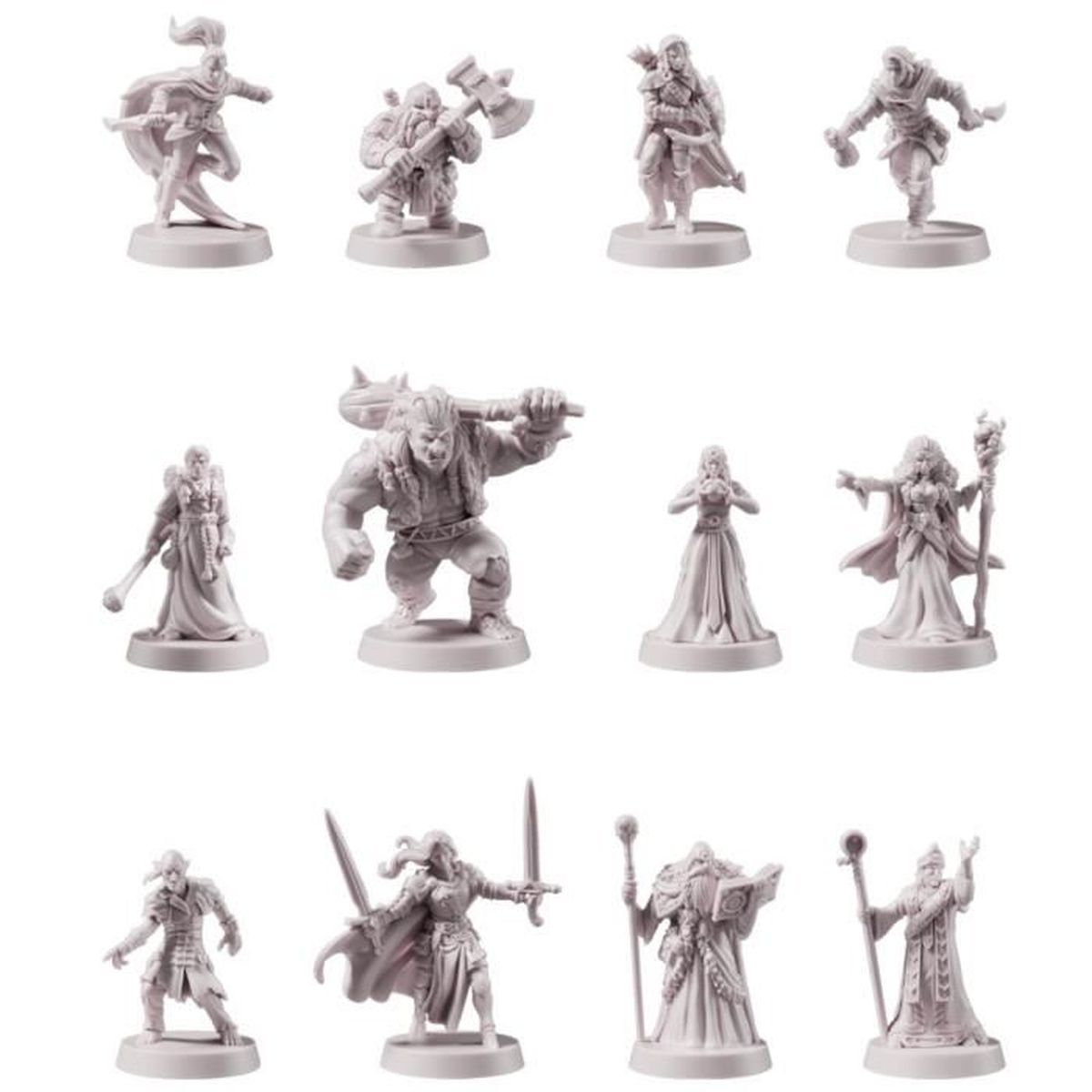 Ensemble de figurines miniatures fantastiques non peintes. Divers personnages incluent des guerriers, des sorciers et un grand ogre. Tous sont sur de petites bases circulaires.