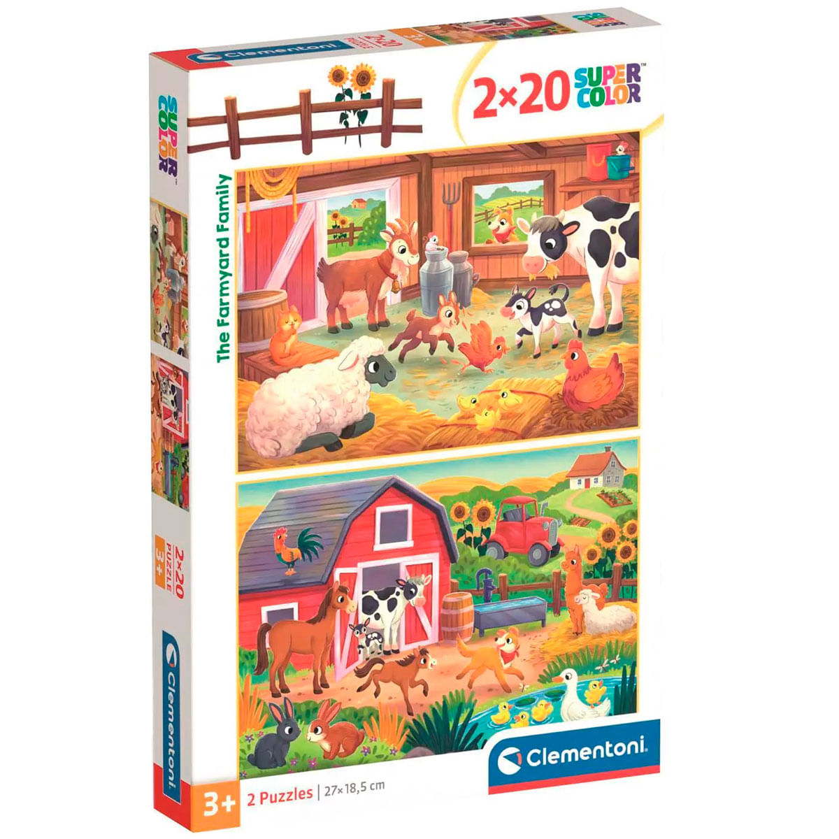 Een puzzeldoos van een boerderij. Het toont verschillende boerderijdieren zoals koeien, schapen, kippen en eenden, met een rode schuur en zonnebloemen.