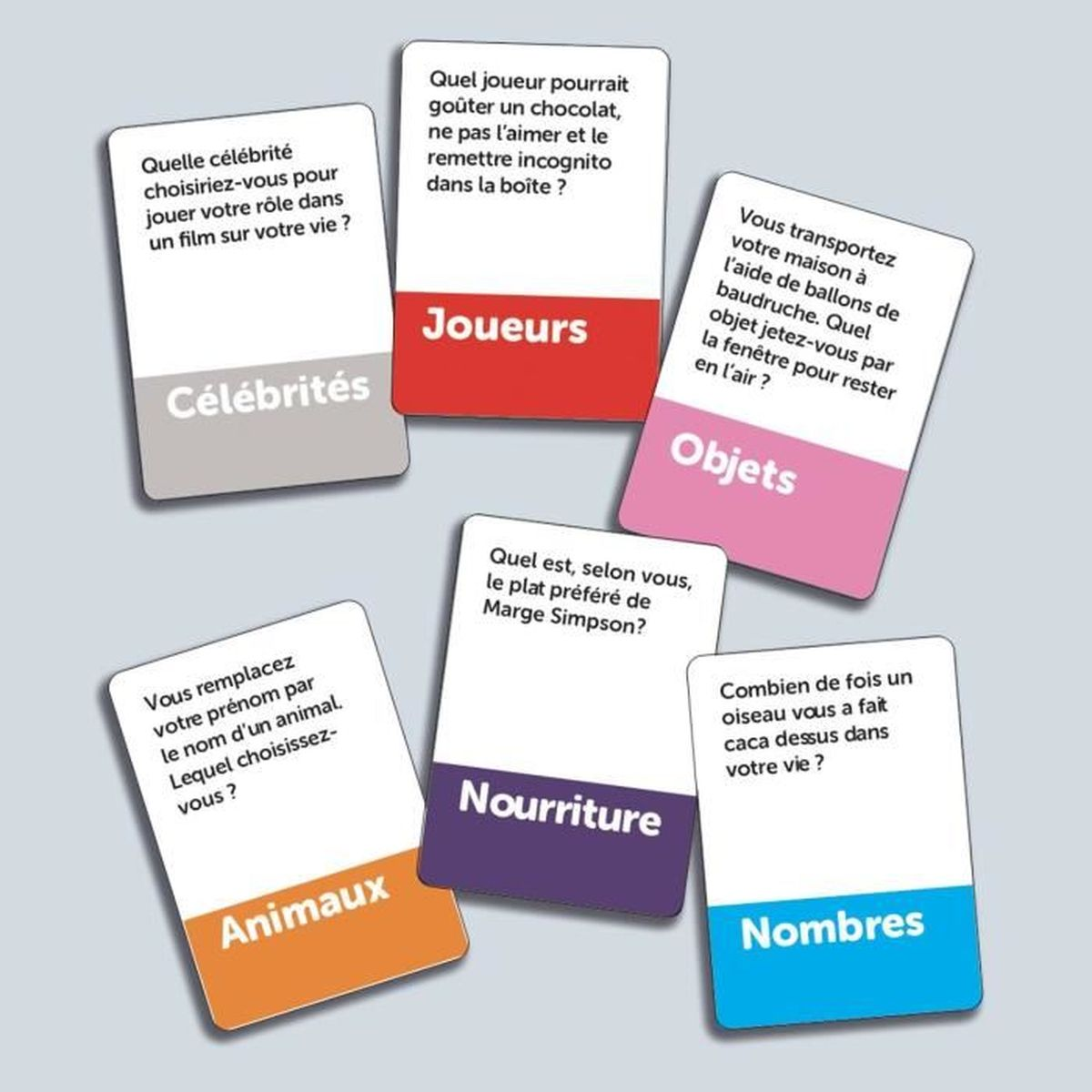 Tarjetas con preguntas sobre celebridades, objetos, animales, comida y números. Cada tarjeta tiene un color diferente.