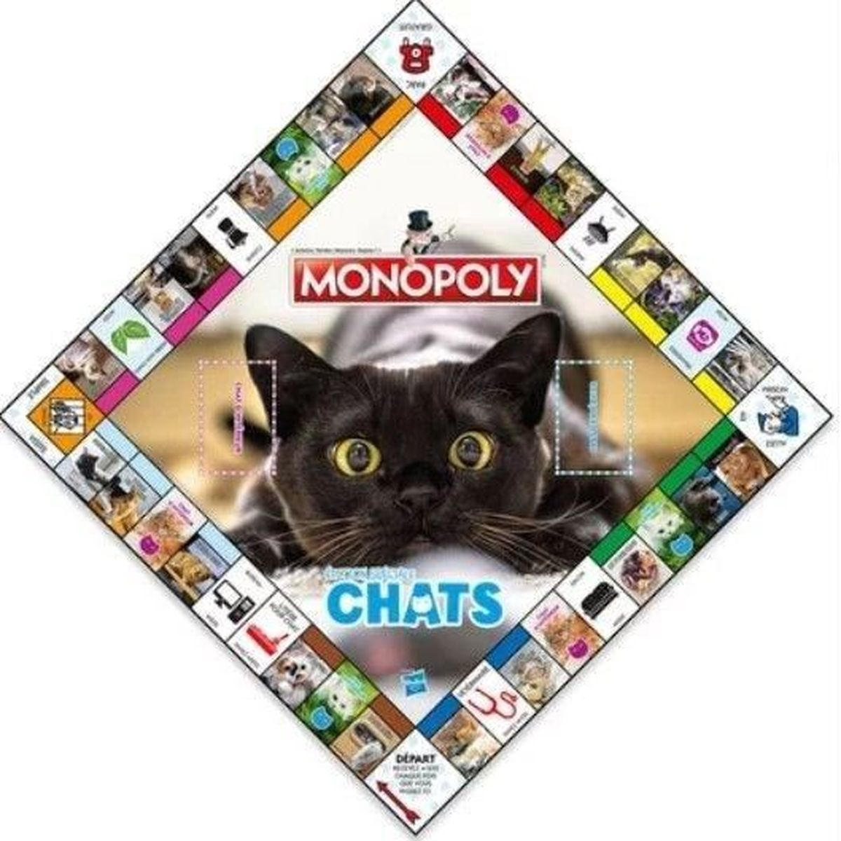 Monopoly-Brettspiel 'Chats'. Eine schwarze Katze mit gelben Augen ist das zentrale Bild. Das Spielbrett umgibt die Katze.