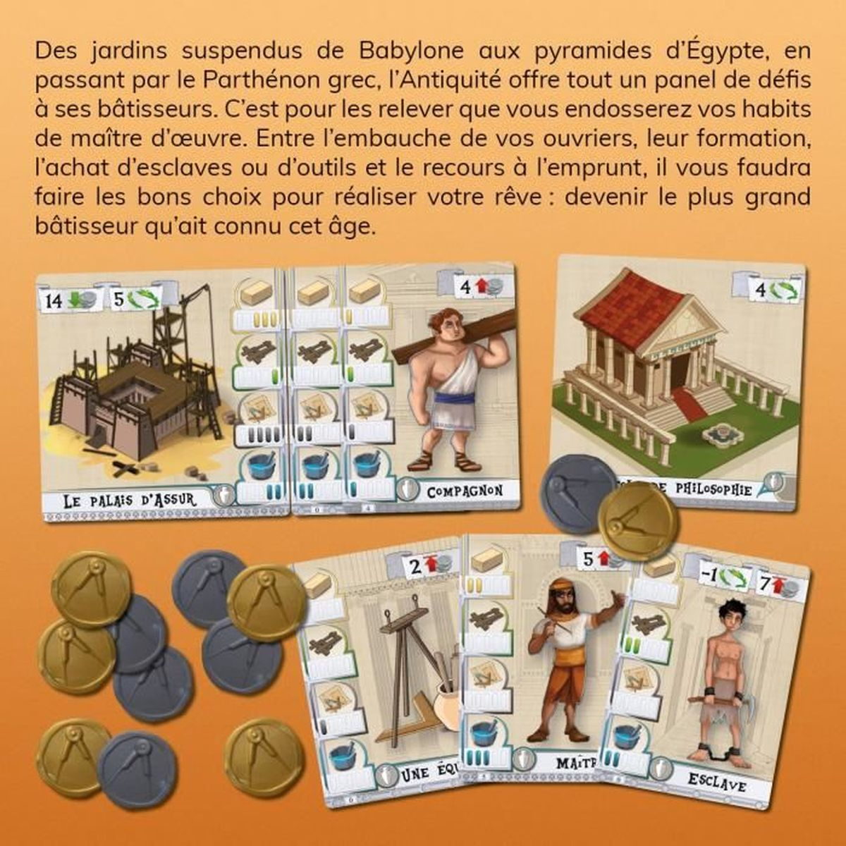 Brettspiel mit Karten und Spielsteinen, die antike Bauwerke darstellen. Figuren tragen Holz und benutzen Werkzeuge. Text auf Französisch.