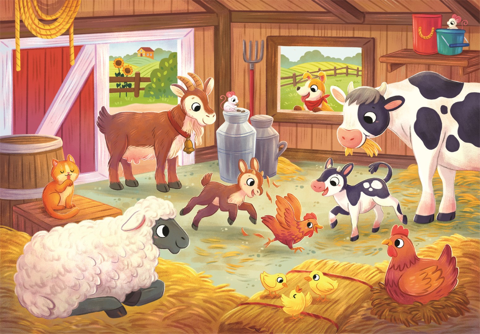 Een boerderijscène met verschillende dieren, waaronder een geit, een koe, een schaap, een kip en kuikens. Een hond kijkt door een raam en een kat zit.