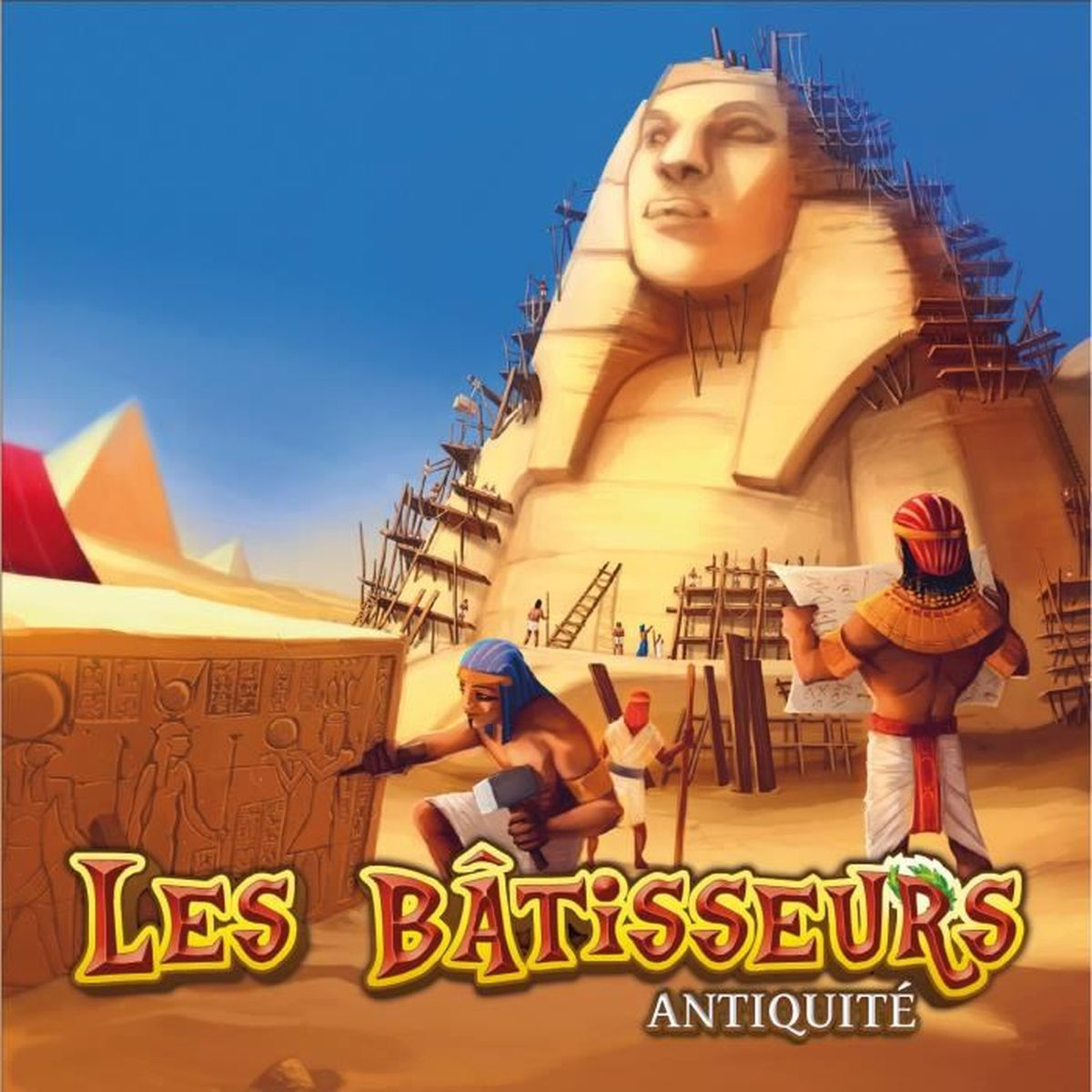 Die Illustration zeigt antike Baumeister beim Bau einer Sphinx. Figuren arbeiten an dem Bauwerk, im Hintergrund ein klarer blauer Himmel.