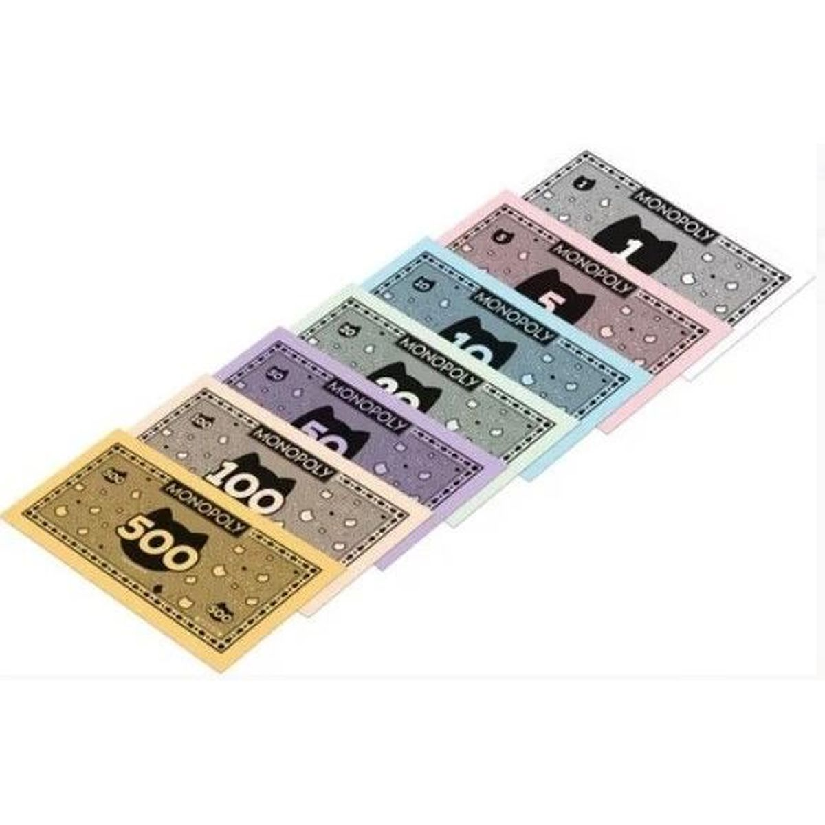 Monopoly-Geld in verschiedenen Stückelungen, fächerförmig angeordnet. Farben variieren: rosa, blau, lila, gelb. Jede Banknote trägt das Wort 'Monopoly'.