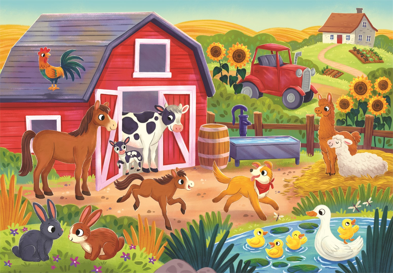 Een boerderijscène met dieren: paard, koe, veulen, hond, konijn, eendjes, lama, schaap. Rode schuur, zonnebloemen, water en een rode vrachtwagen.