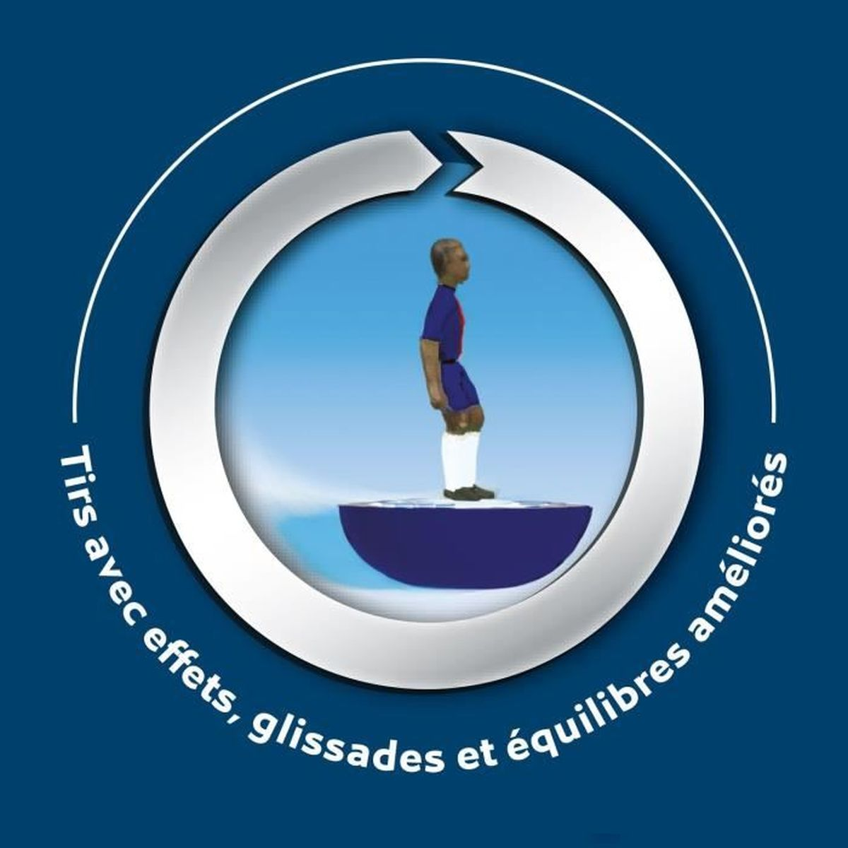 Un joueur de football se tient sur une plateforme bleue à l'intérieur d'un cercle blanc. Le texte dit : "Tirs avec effets, glissades et équilibres améliorés".