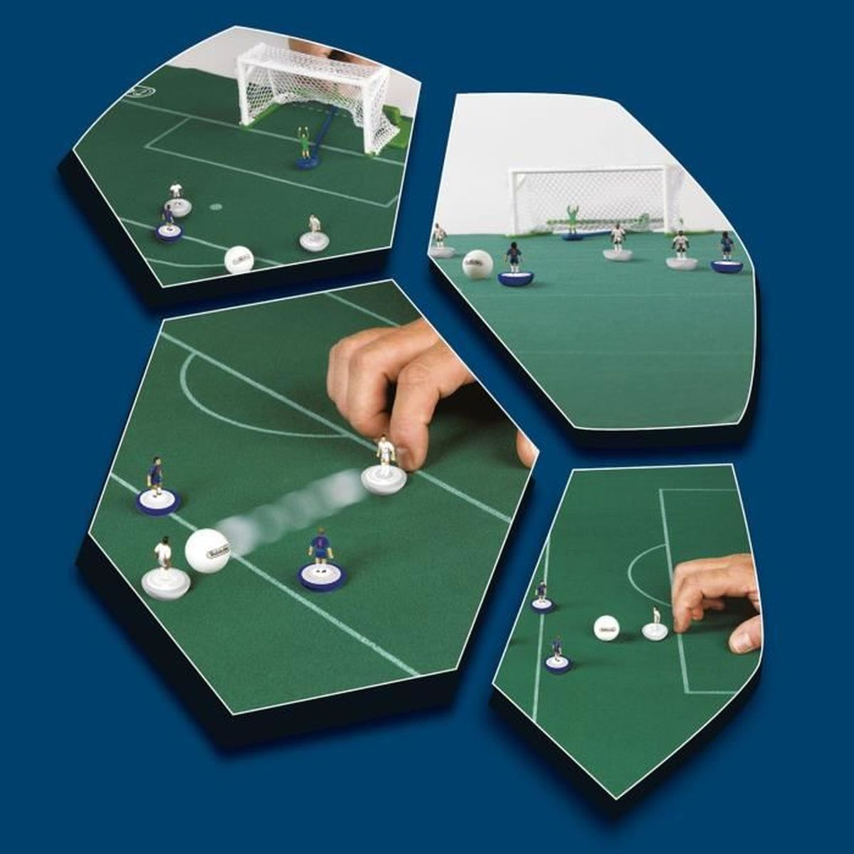 Un jeu de football est présenté, avec des joueurs miniatures et un ballon sur un terrain vert. Une main déplace l'un des joueurs.