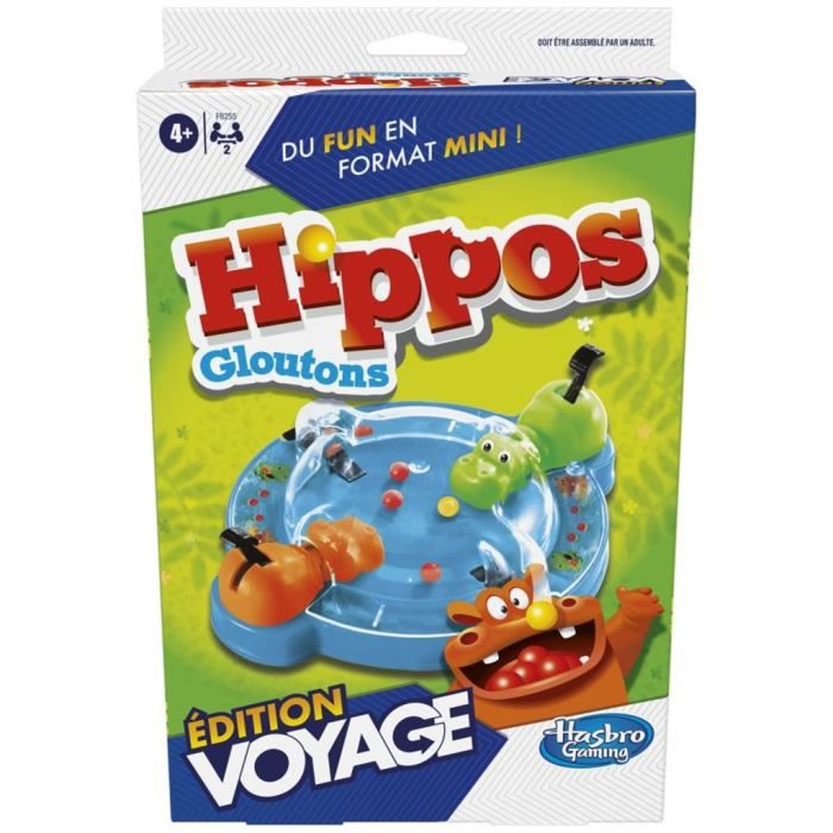 Game box for Hippos Gloutons in mini format. Features game board with hippo figures, red balls, and the Hasbro Gaming logo.