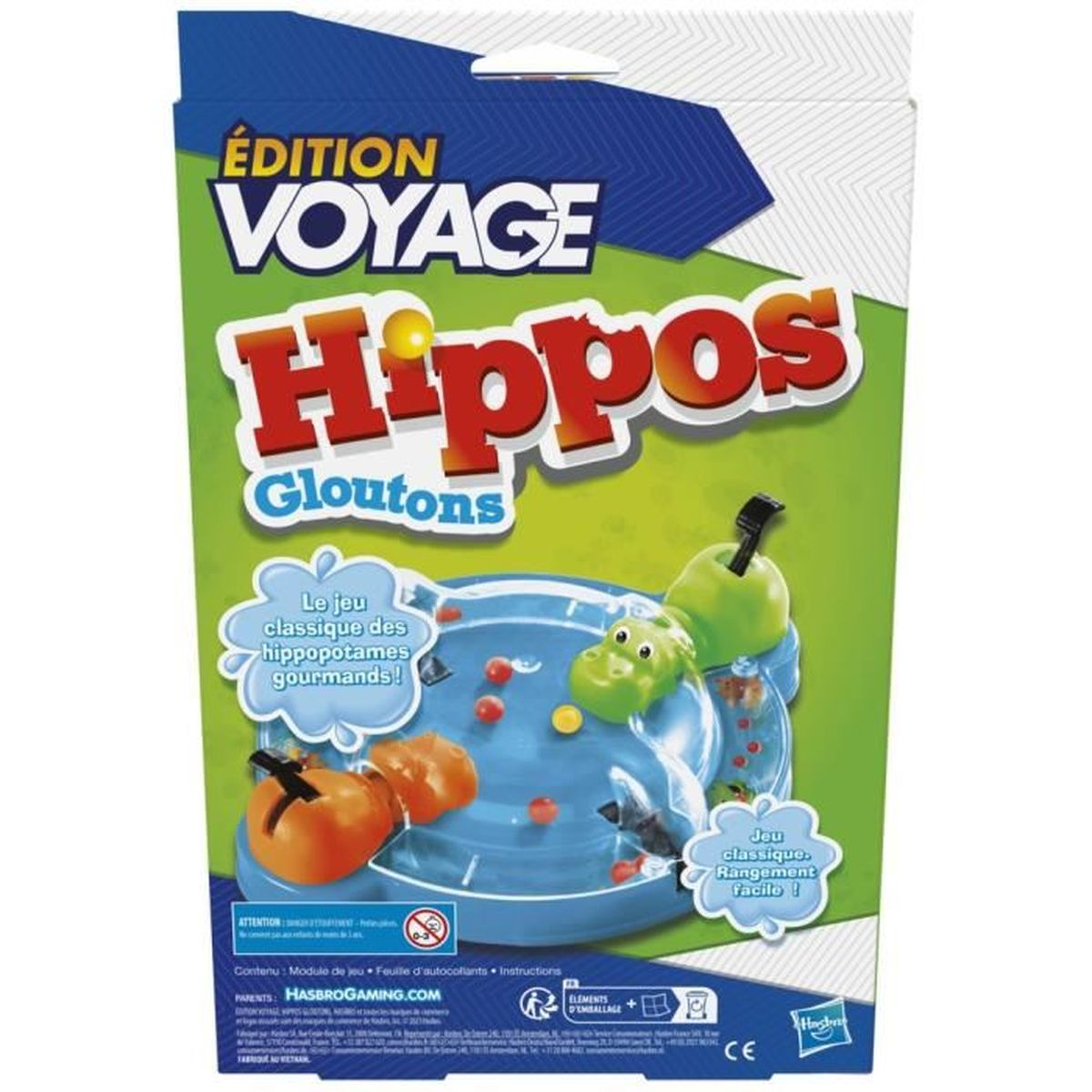 Box for the 'Hippos Gloutons' game. Features a blue game board, hippos, and orange balls. Text in French.
