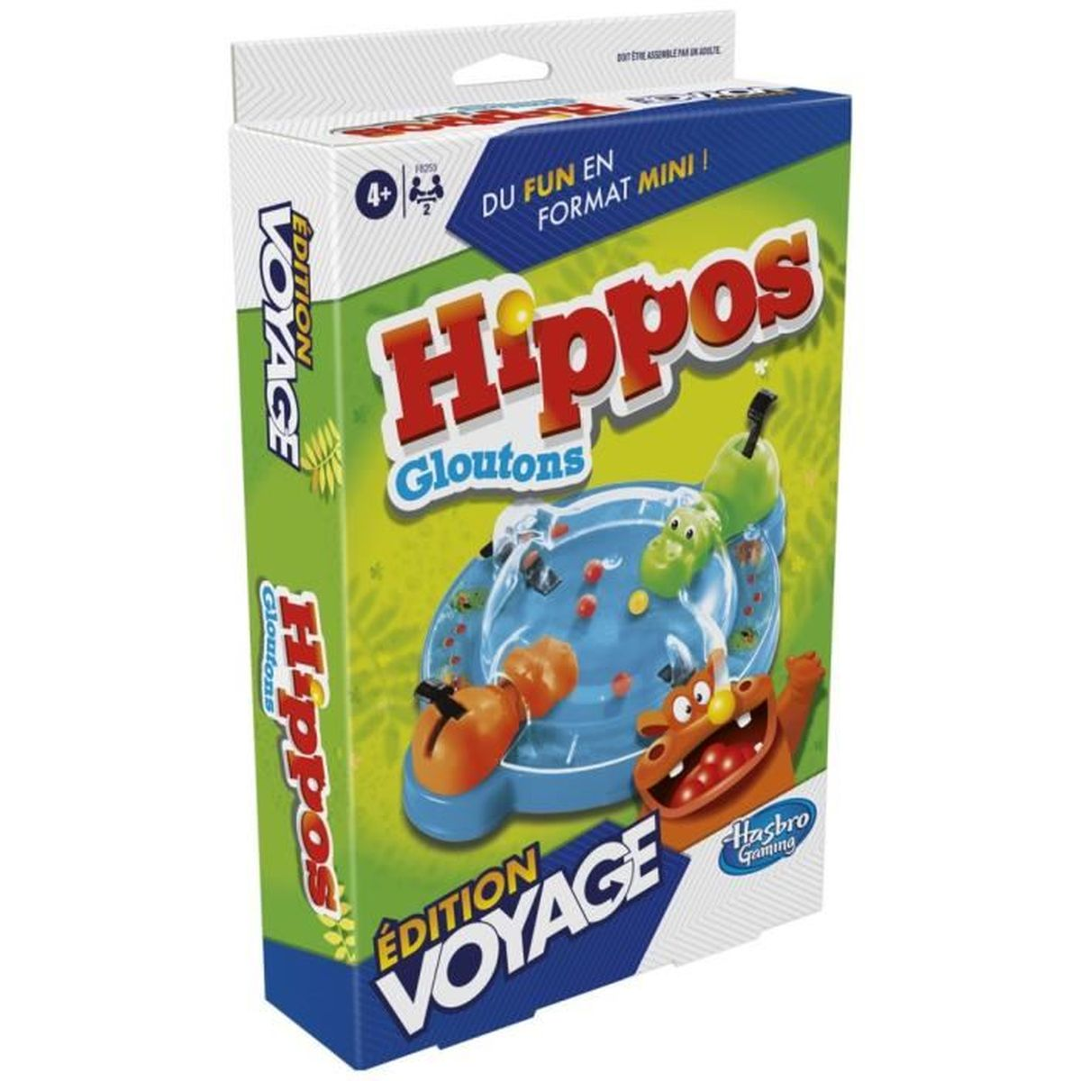 A game box of 'Hippos Gloutons Edition Voyage'. Features a blue hippo game board with orange and green hippos and text.