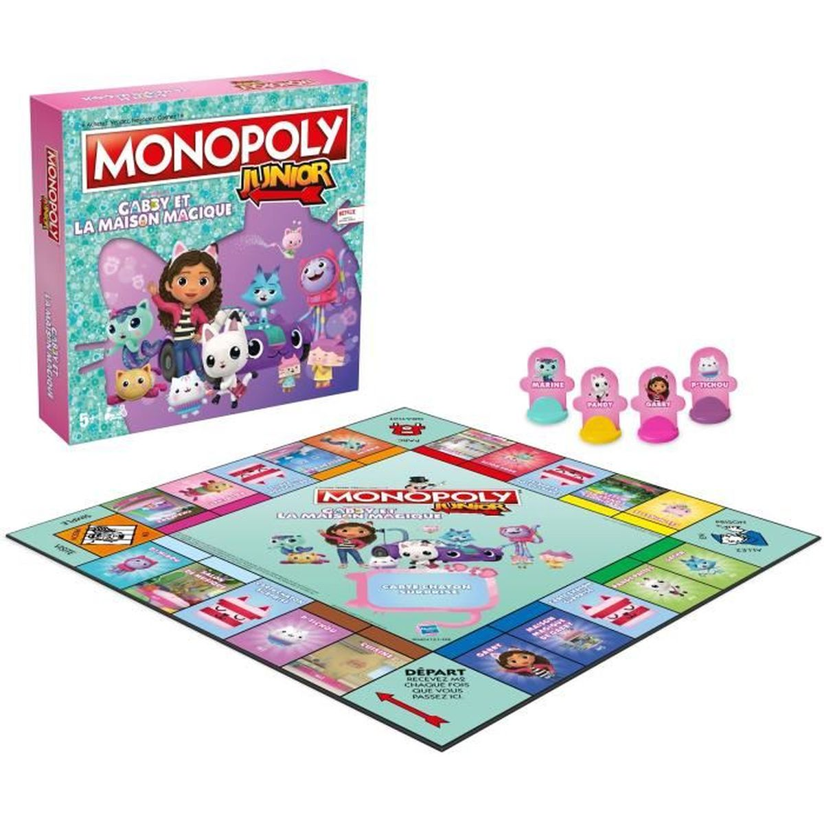 Monopoly Junior Brettspiel. Die Schachtel und das Brett zeigen Gabby und magische Katzenfiguren. Spielsteine sind enthalten.
